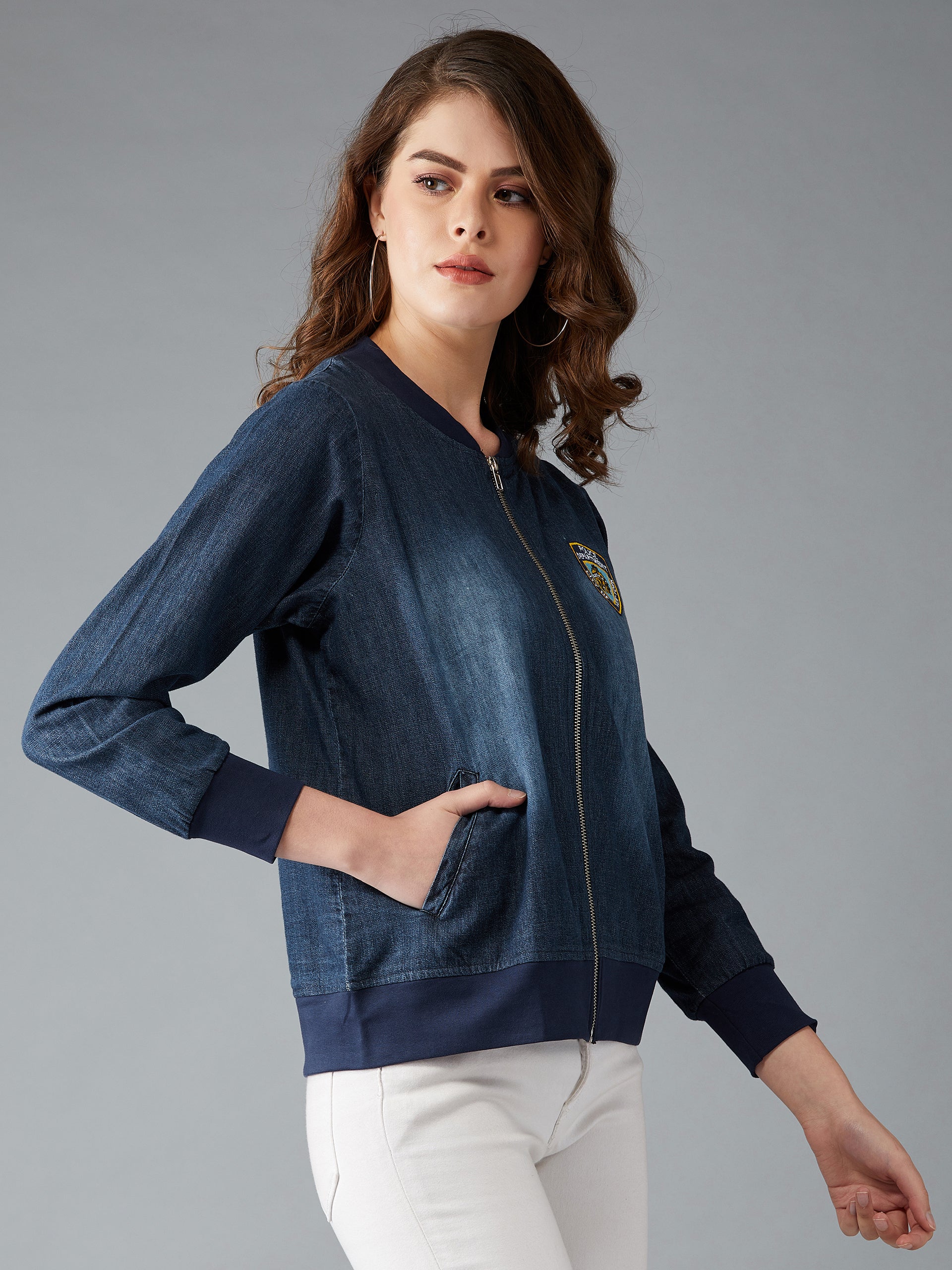 Women's Navy Blue V-Neck Full Sleeve Solid Embroidered Detail Patched Denim Bomber Jacket