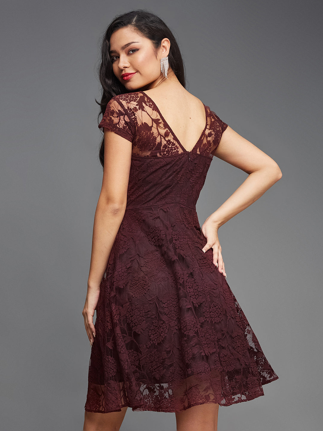 Women's Wine Round Neck Cap Sleeves Lace Knee-Long Skater Dress