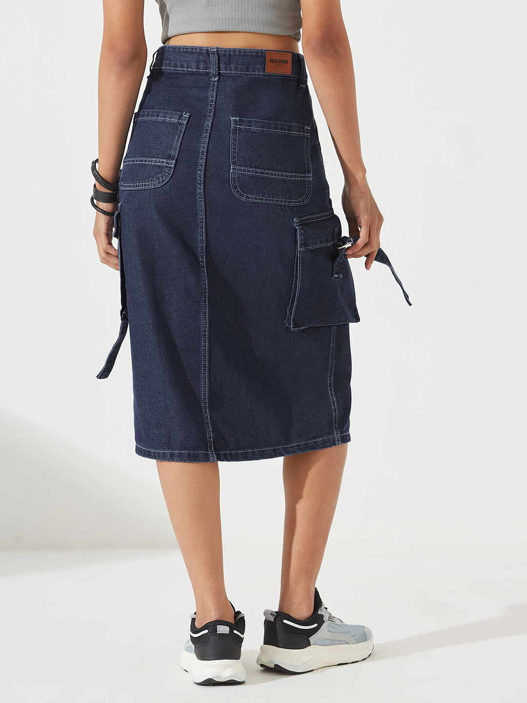 Navy Blue Straight High-Rise Midi Denim Skirt for Women