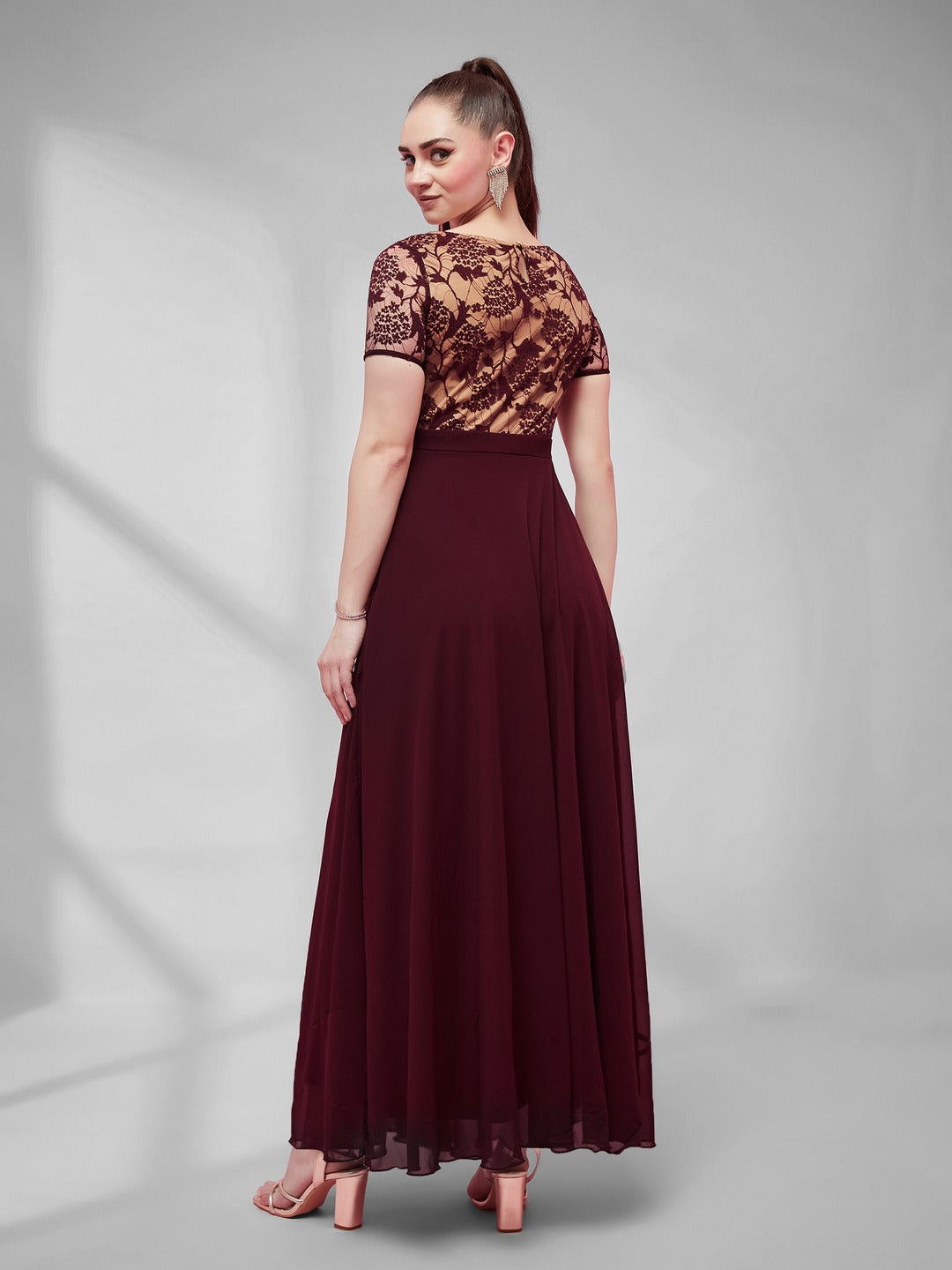 Wine & Beige Relaxed Fit Regular Georgette Dress for Women