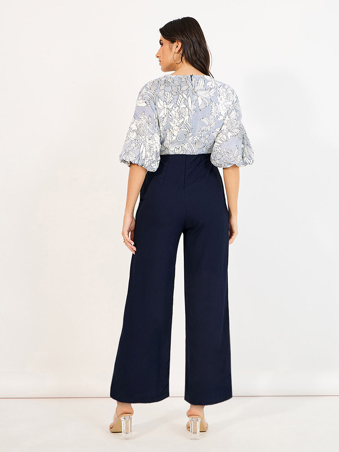 Women's Multicolored-Base-Navy Blue V-Neck 3/4 Sleeve Floral Wrap-Styled Viscose-Rayon Jumpsuit