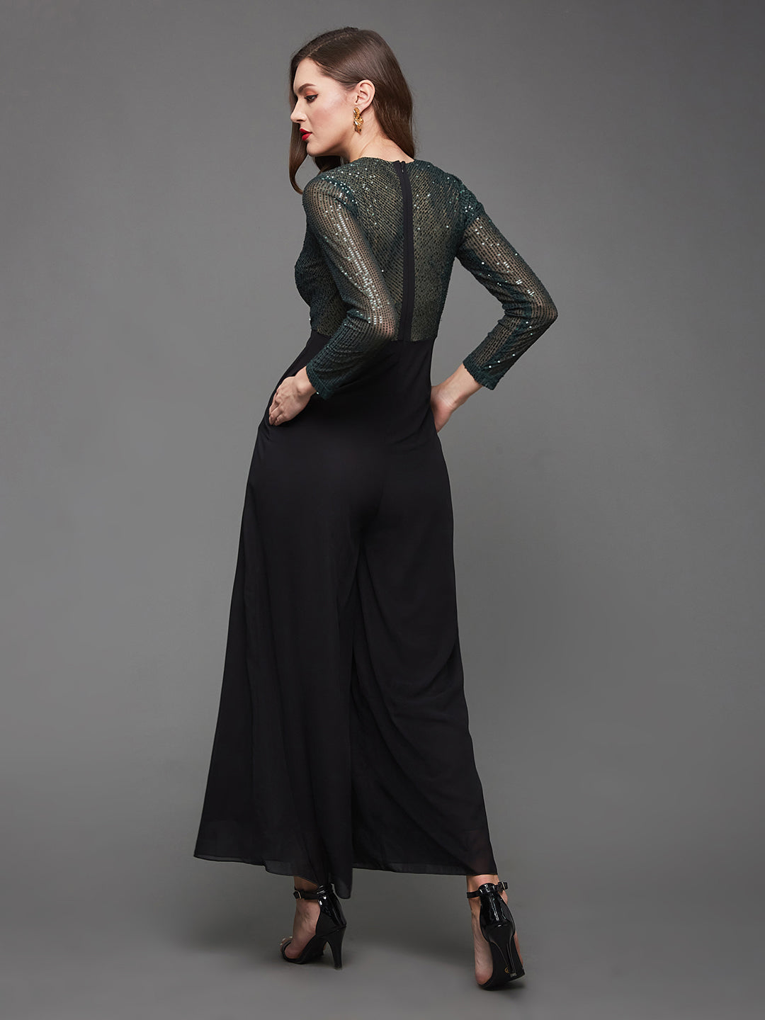 Women's Black V-Neck Full Sleeve Sequined Wrap Georgette Party Jumpsuit