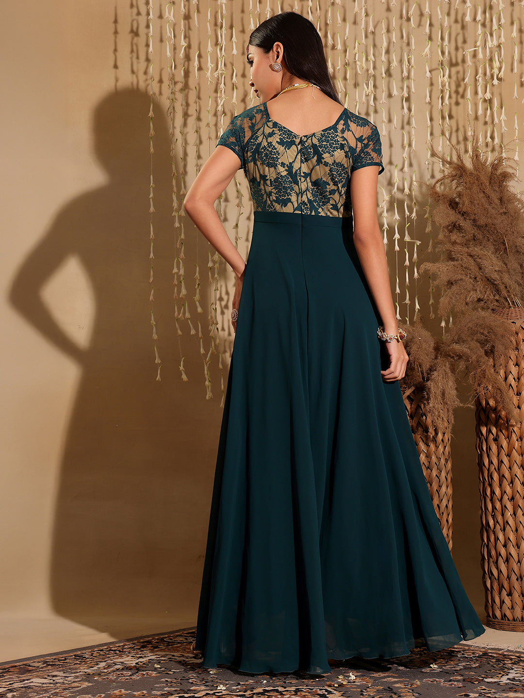 Women's Teal Square Neck Raglan Short Sleeve Self Design Lace Overlaid Georgette Maxi Dress
