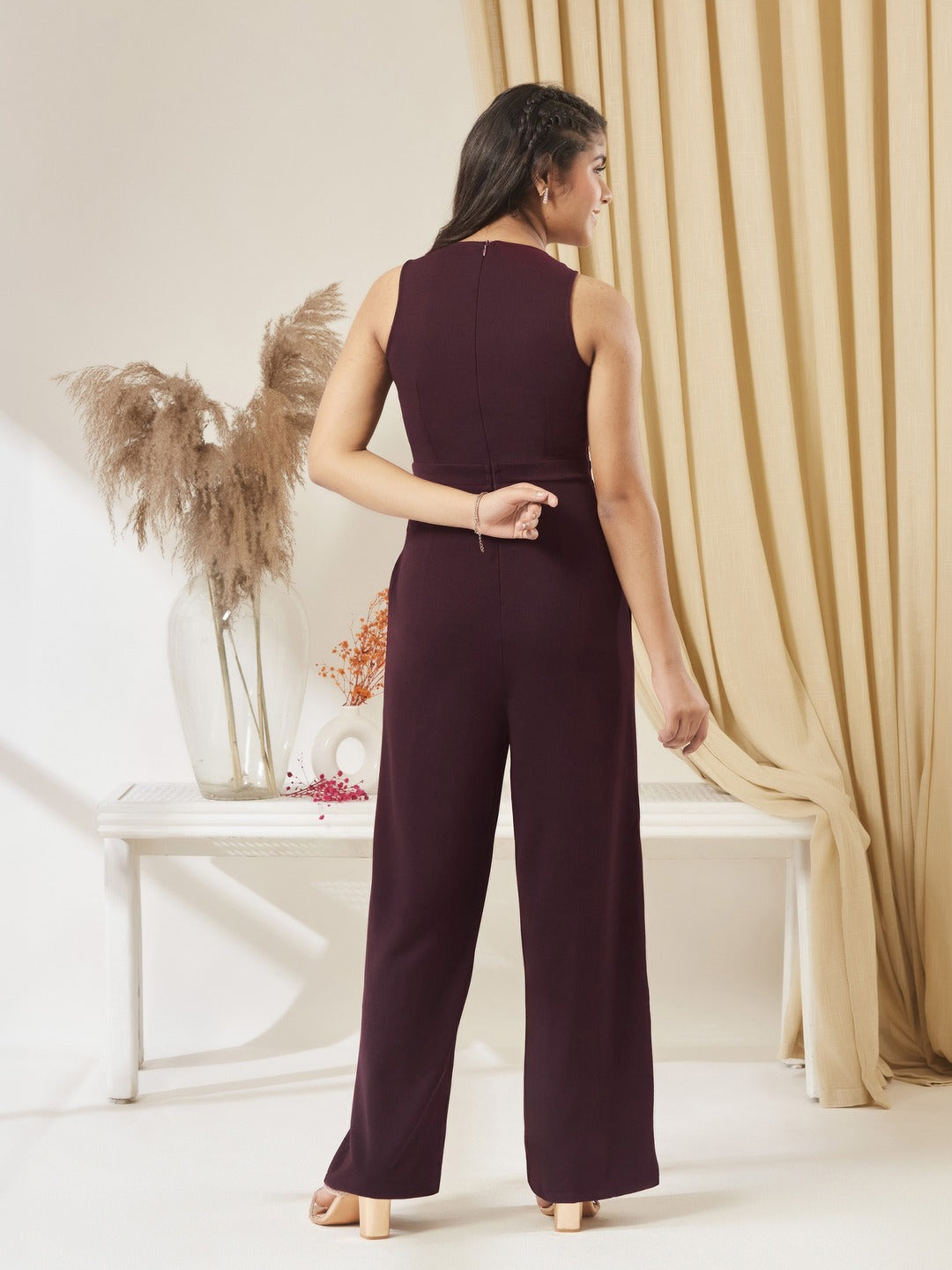 Wine V-Neck Sleeveless Solid Wrap Regular Jumpsuit for Girls/Teenagers