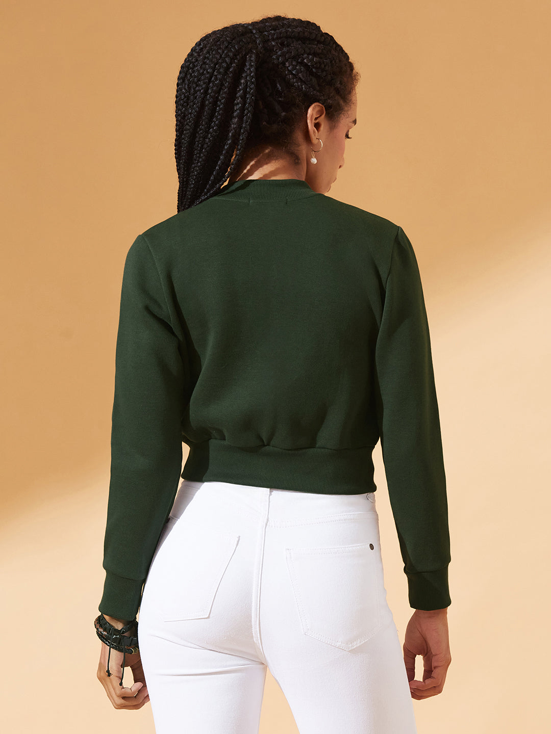 Green Stand Collar Full Sleeves Cotton Boxy/Bomber Cropped Jacket for Women