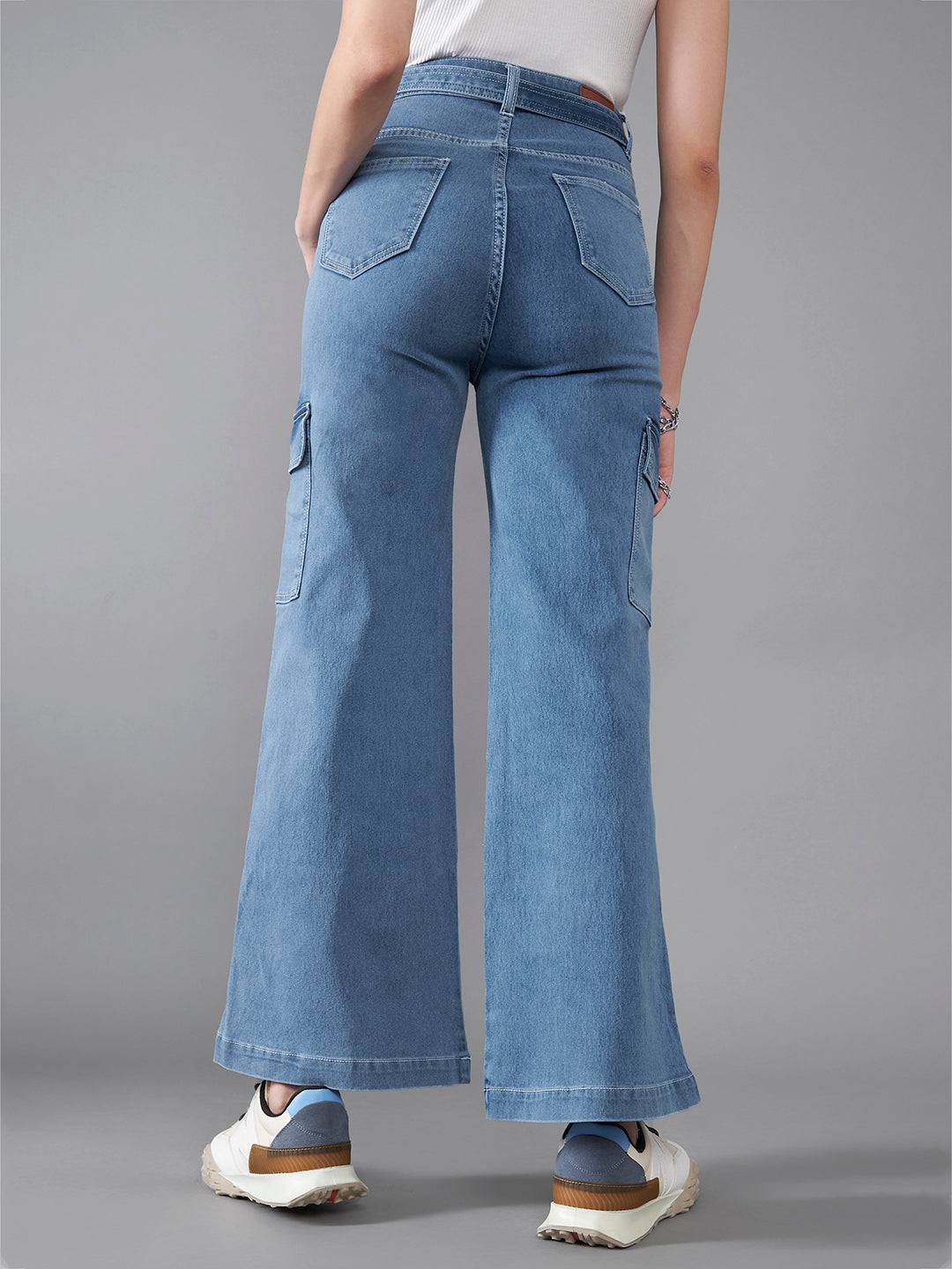 24/7 Comfort Women's Mid Blue Wide Leg High Rise Stretchable Cargo Denim Jeans