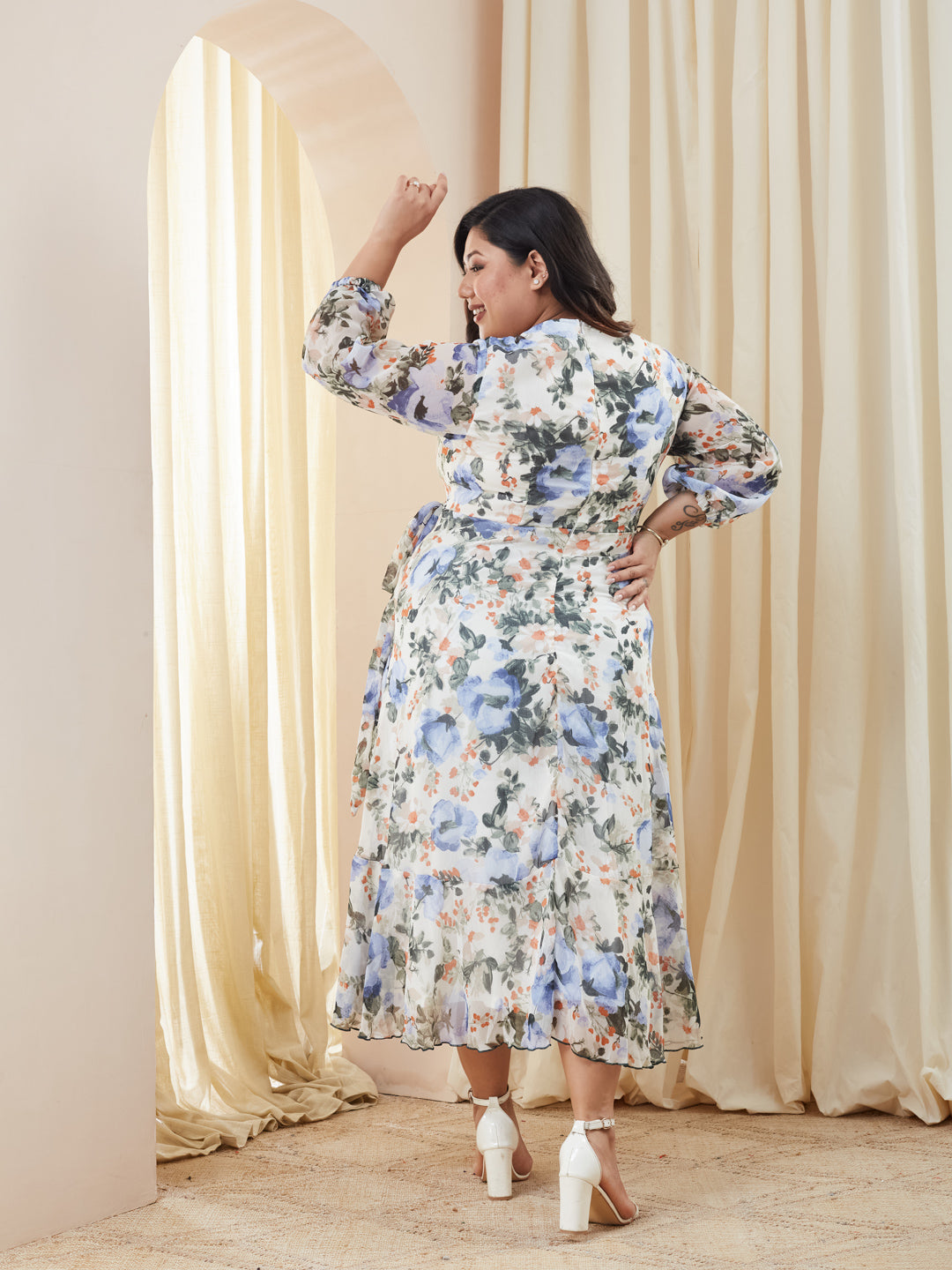 Multicolored-Base-Off White V-Neck Three-Quarter Sleeve Floral Wrap Chiffon Midi Dress for Women