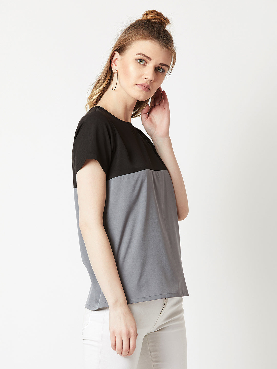 Women's Black & Steel Grey Round Neck Short Sleeve Solid Color Block Boxy Top