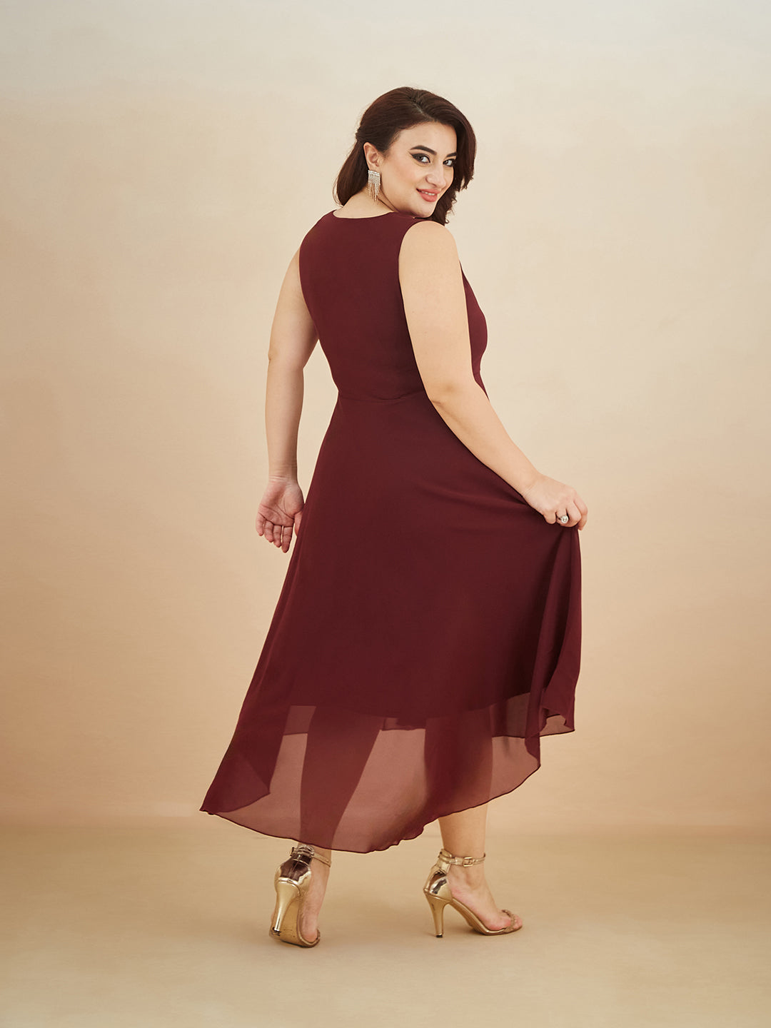 Wine Red V-Neck Sleeveless Solid High-Low Midi Skater Dress for Women — Miss Chase A+