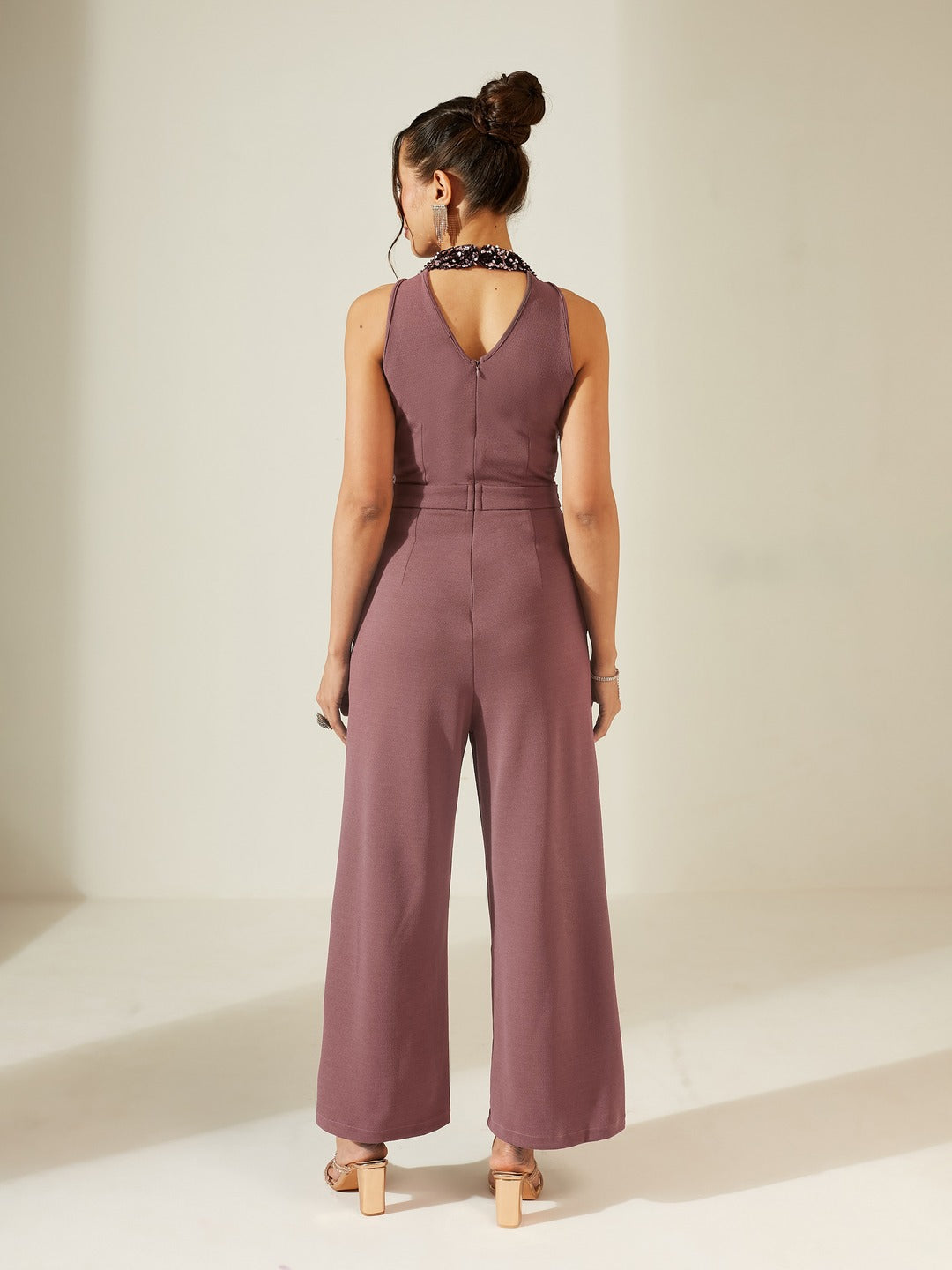 Mauve Sleeveless Embellished Halter Neck Regular Jumpsuit for Women