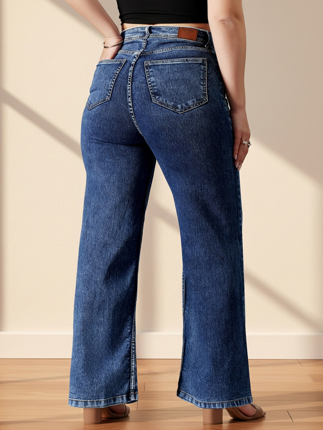 Mid Blue Wide-Leg High-Rise Stretchable Denim Jeans for Women
