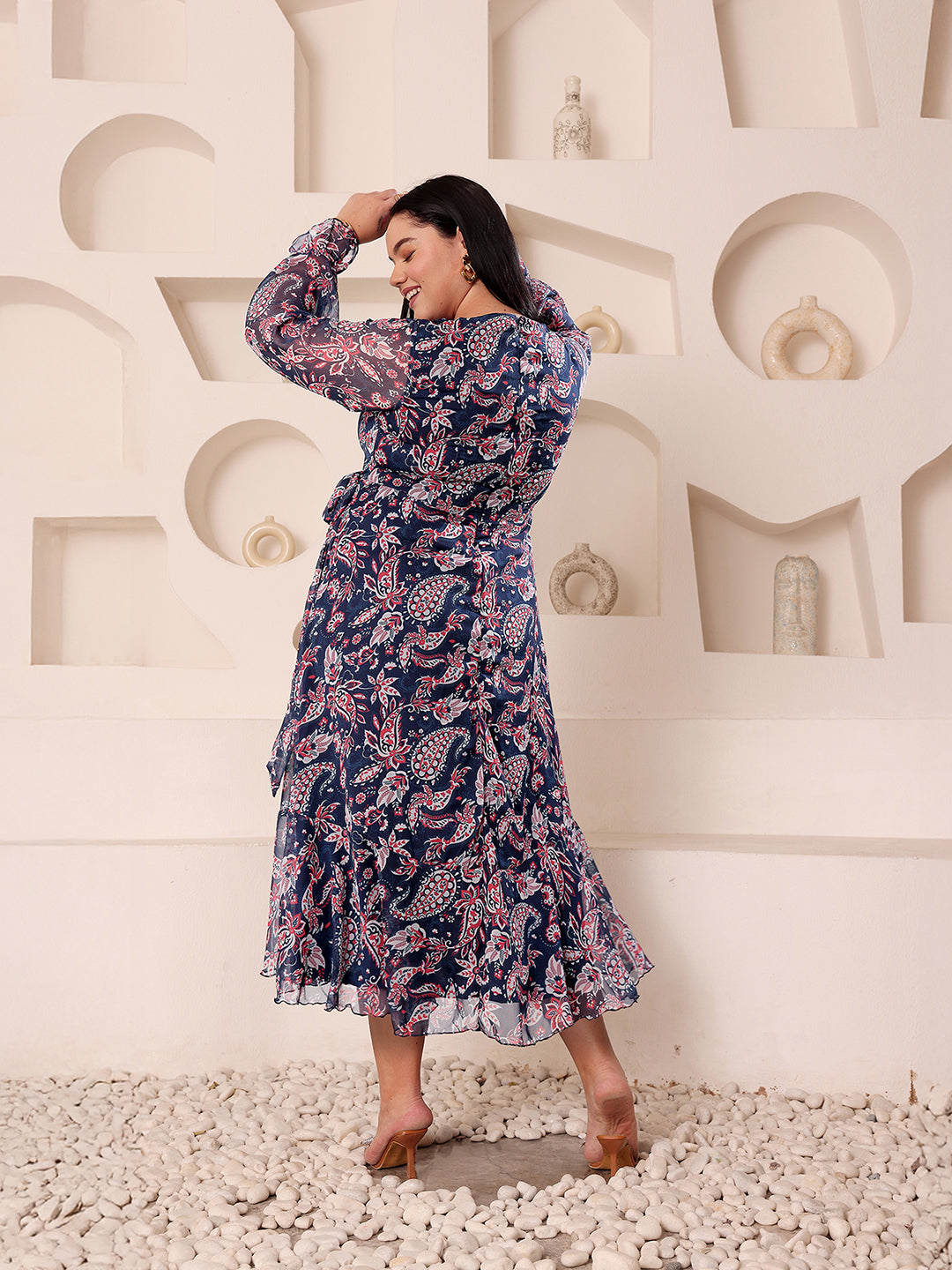 Women's Multicolored-Base-Navy Blue V-Neck Full Sleeves  Relaxed-Fit Midi Length Dress