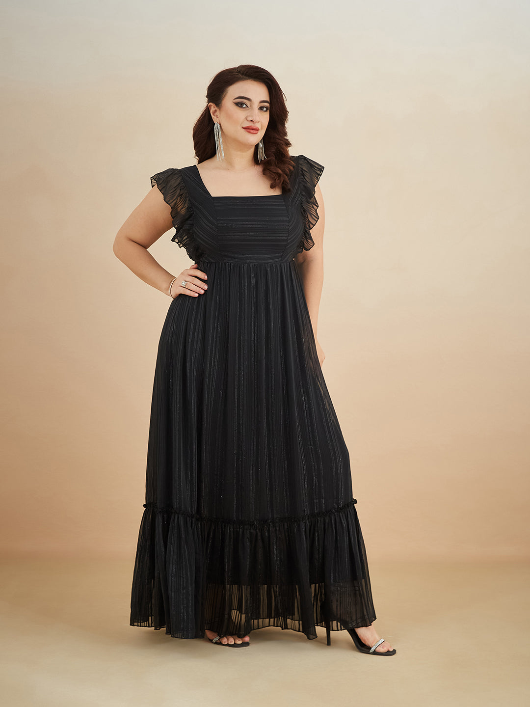 Black Square Neck Layered Ruffles Sleeve Striped Tiered Maxi Georgette Dress for Women