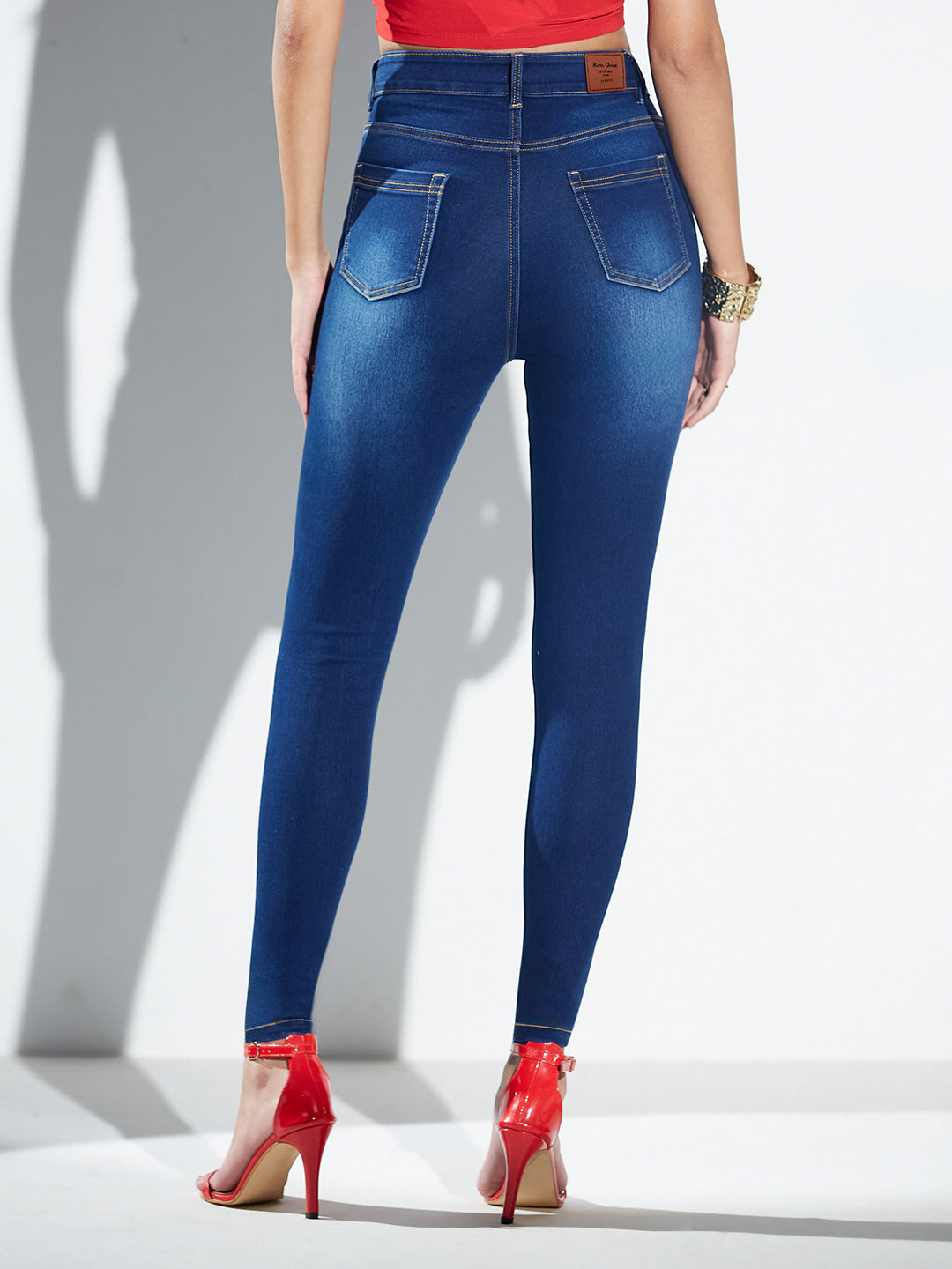 High-Rise Navy-Blue Skinny-Fit Jeans with Mild Distress, Whiskering & Cat Scratch Detailing for Women