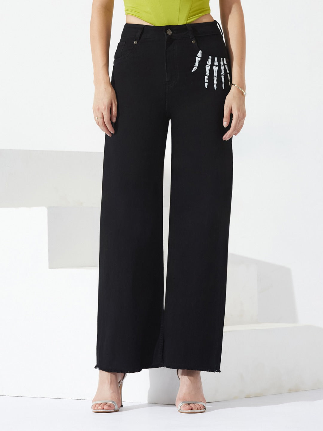 Black Wide Leg high-rise Hand Painted Skeleton Art Stretchable Denim Jeans for Women