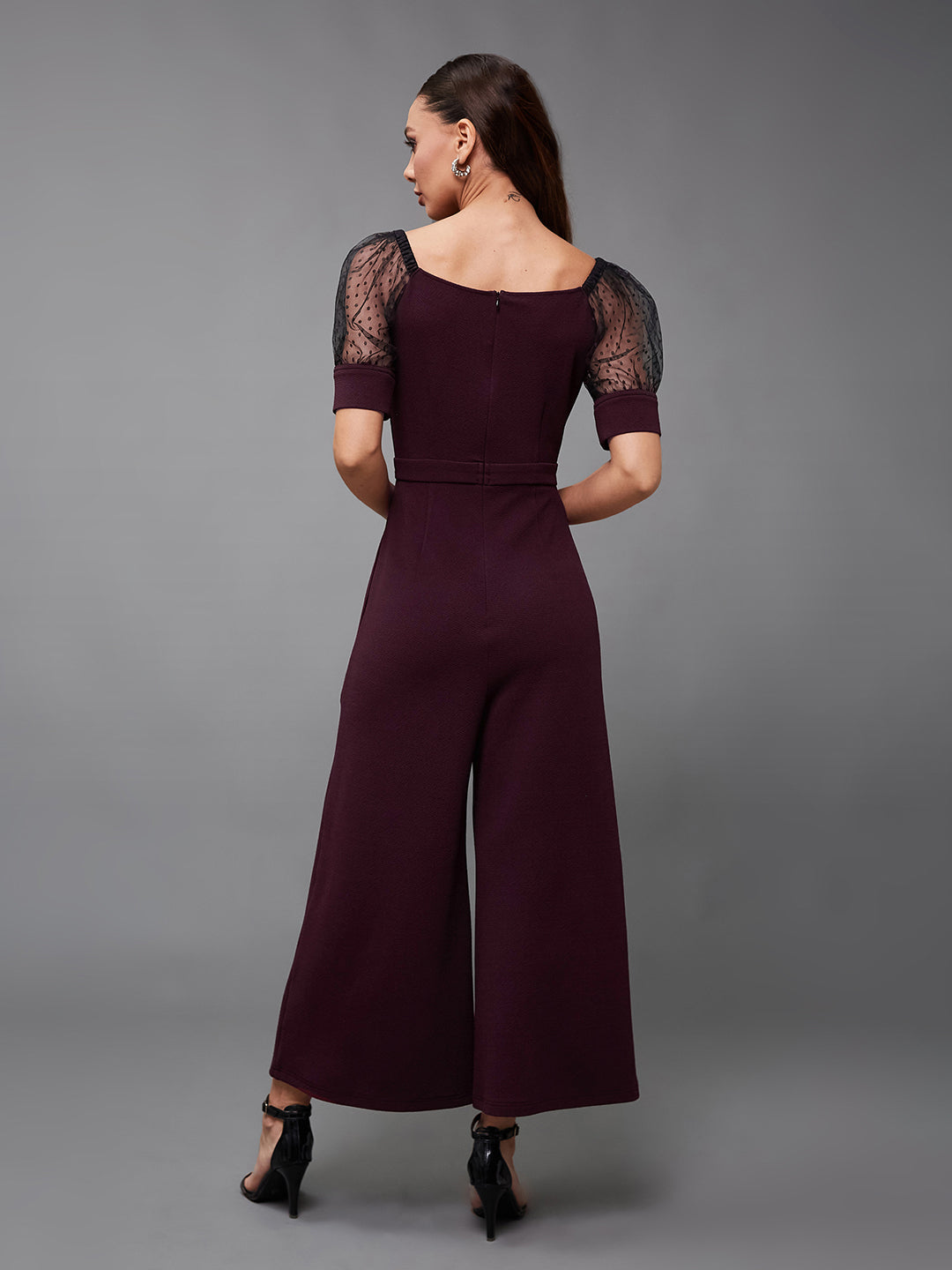 Crease Ease Women's Dark Purple & Black Solid Straight Leg Square Neck Half Sleeve Relaxed Fit Jumpsuit