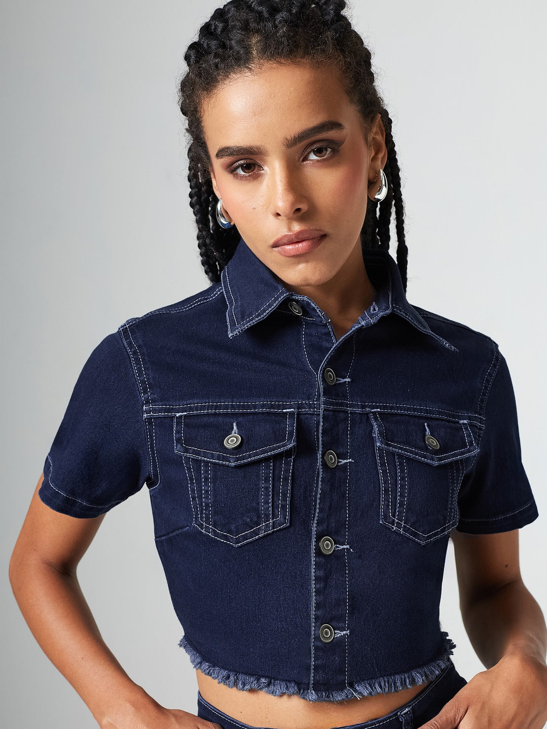 Navy Blue Bootcut High-Rise Clean-Look Cropped Top, Regular Bottom Stretchable Denim Co-Ord Set for Women
