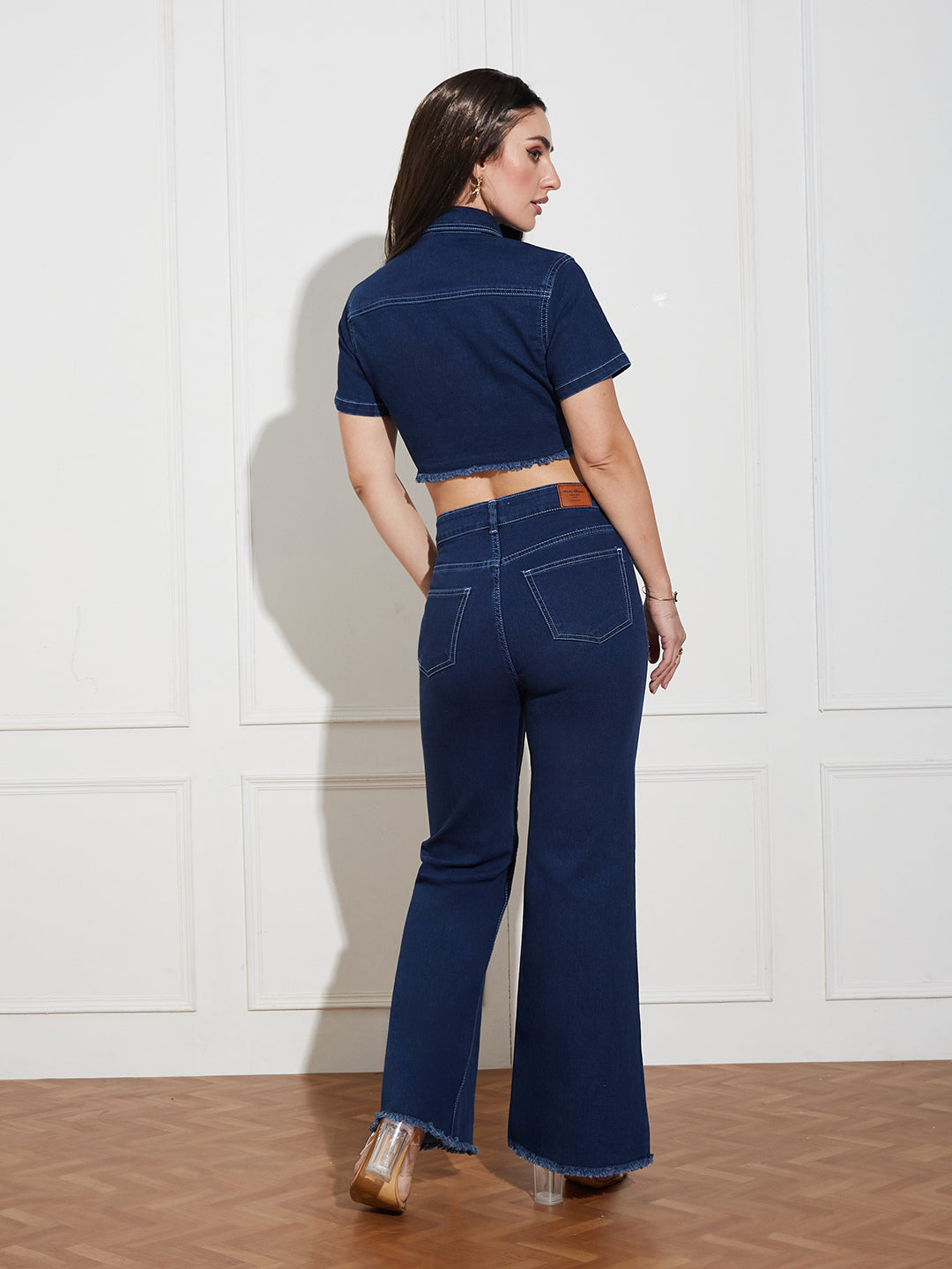 Women's Navy Blue Bootcut High-Rise Clean-Look Cropped Top, Regular Bottom Stretchable Denim Co-Ord Set