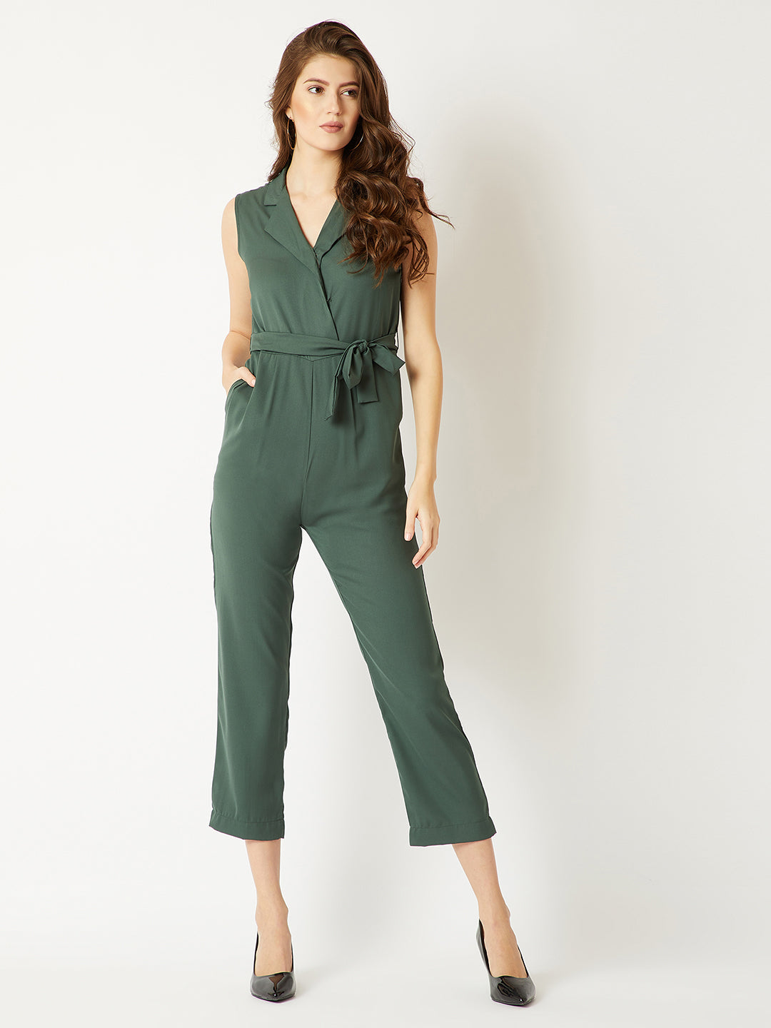 Women's Dark Green V-Neck Sleeveless Straight Leg Tie-Up Solid Belted Wrap Jumpsuit