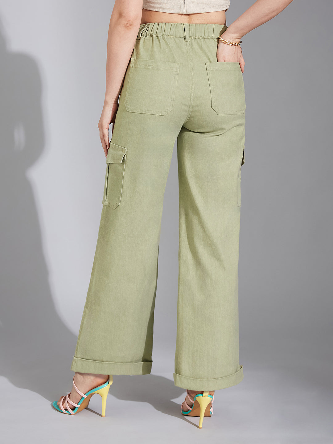 Women's Olive Wide-Leg High-Rise Clean-Look Regular Stretchable Denim Jeans
