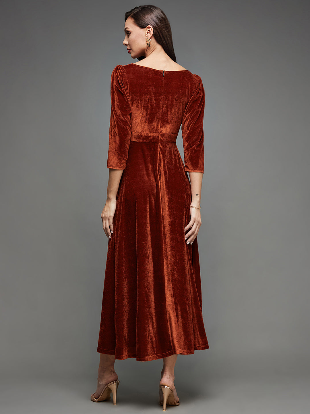 Rust V-Neck Three-Quarter Sleeve Solid Fit & Flare Midi Velvet Dress for Women