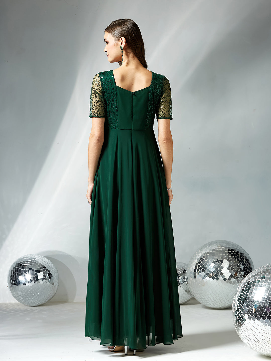 Dark Green Square Neck Half Sleeve Solid Embellished Maxi Dress for Women