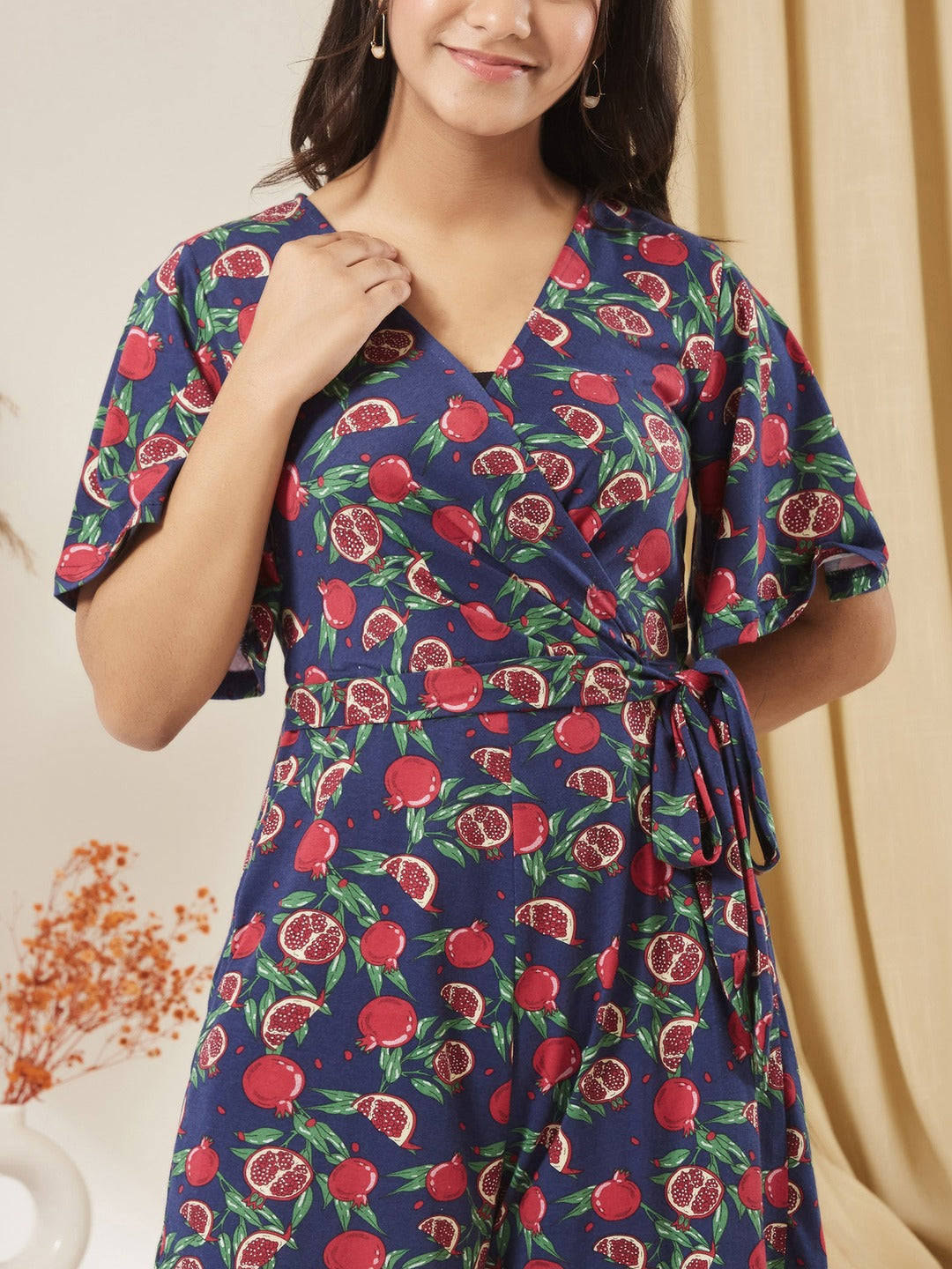 Navy Blue V-Neck Half-Sleeve Tropical-Printed Wrap Knee-Long Cotton Playsuit for Girls/Teenagers