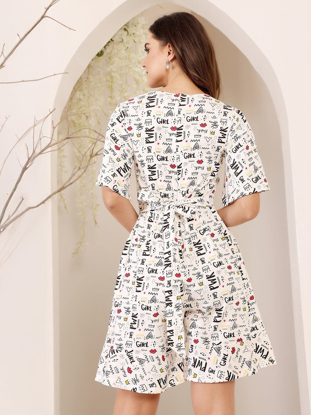 Multicolored-Base-White V-Neck Half-Sleeve Conversational-Printed Wrap Knee-Long Cotton Playsuit for Women