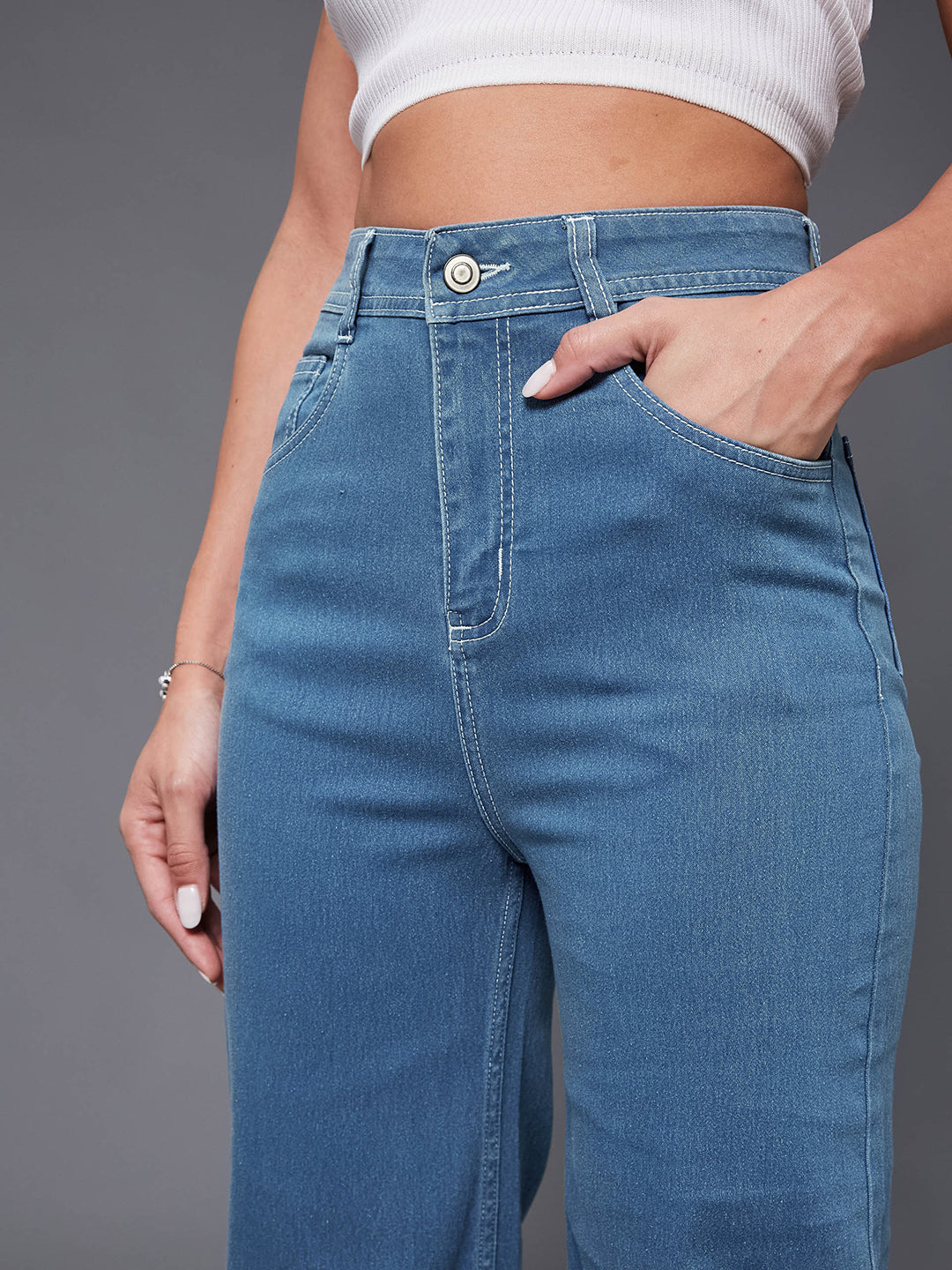 Women's Blue Wide-Leg High-Rise Clean-Look Regular-Length Stretchable Denim Jeans