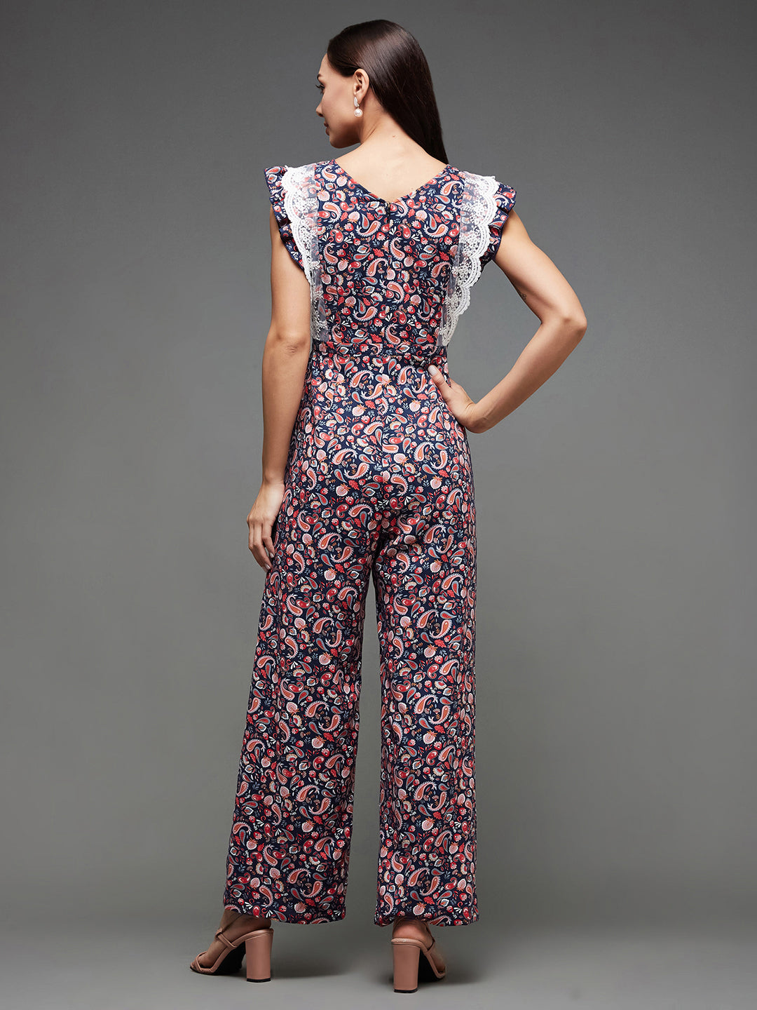 Women's Multicolored-Base-Navy Key-Hole Neck Frilled Bohemian-Styled Frilled Regular-Length Viscose-Rayon Jumpsuit