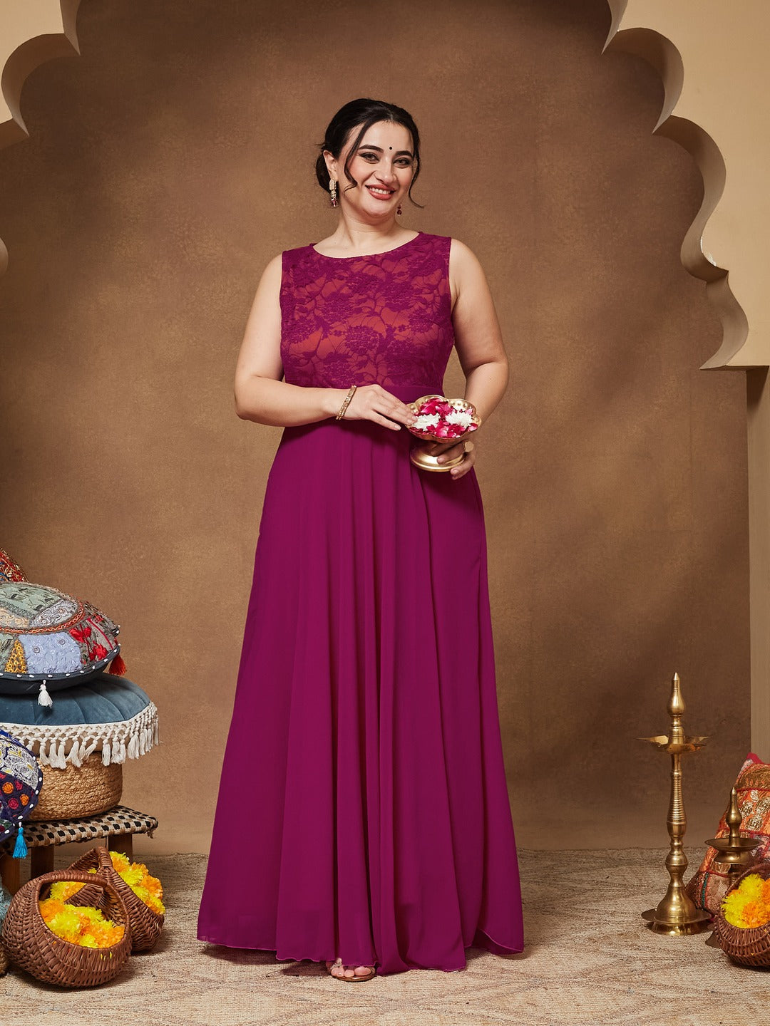 Dark Pink & Rust Boat Neck Sleeveless Self Design Lace Overlaid Regular Dress for Women — Miss Chase A+