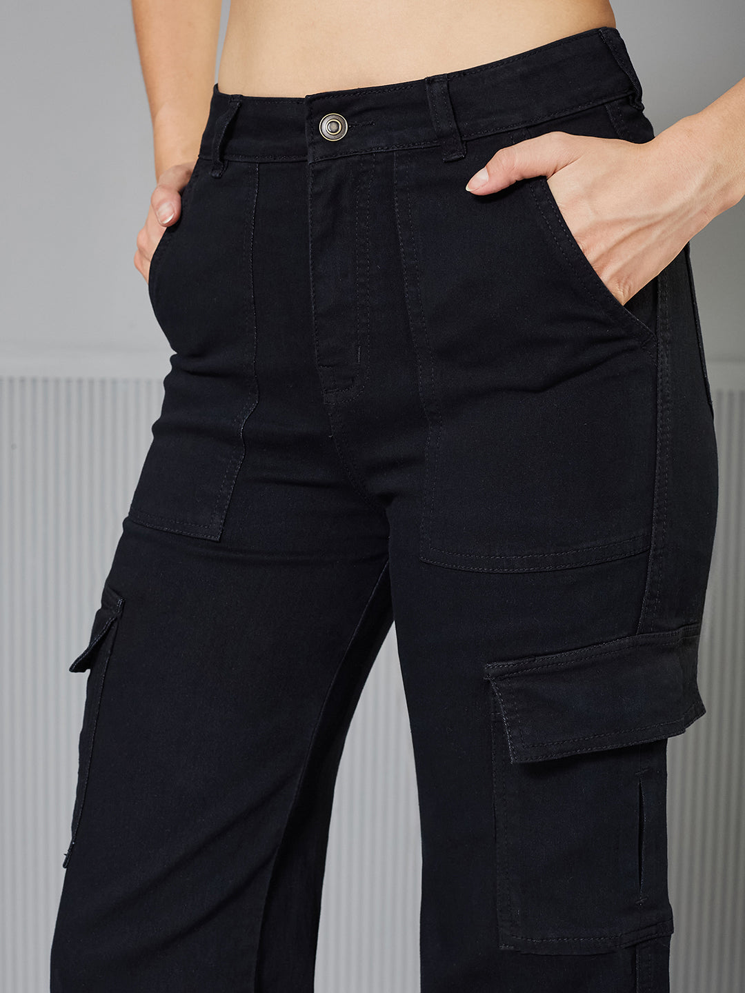 Women's Black Wide leg High-Rise clean-look Regular Stretchable Denim Jeans