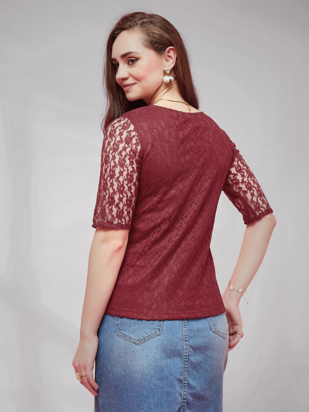 Maroon Round Neck Half Sleeves Basic Lace Crop Top for Women