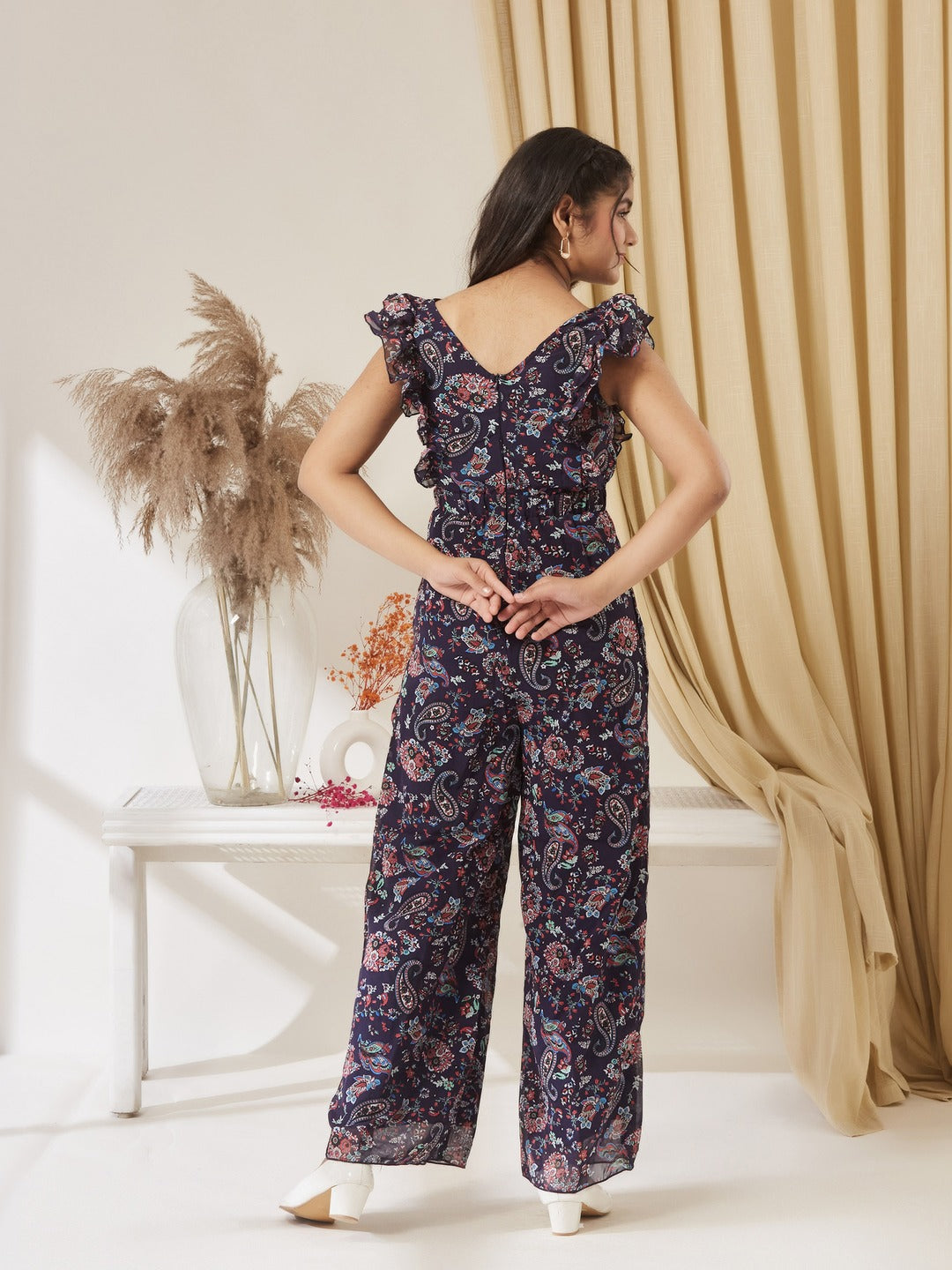 Navy Blue Round Neck Sleeveless Floral Wide Leg Regular Jumpsuit for Girls/Teenagers