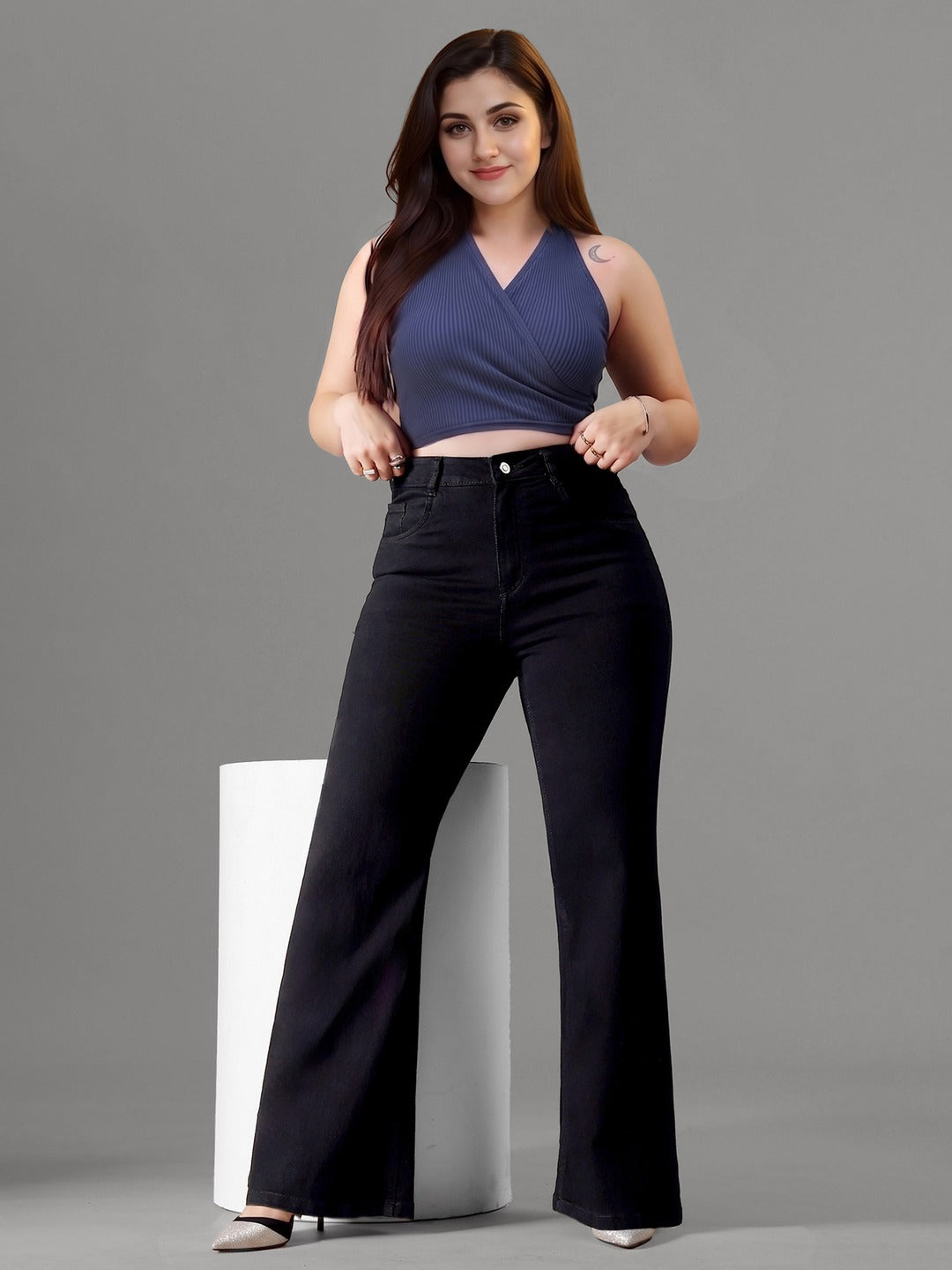 Black Bootcut High rise Regular Stretchable Denim Jeans for Women