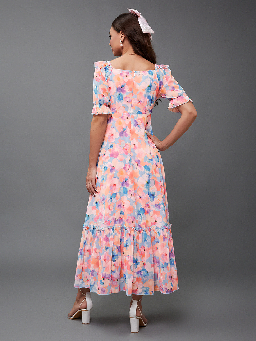 Women's Multicolored-Base-Sky Blue V-Neck Puff Sleeve Floral Ruching Ankle-Length Dress