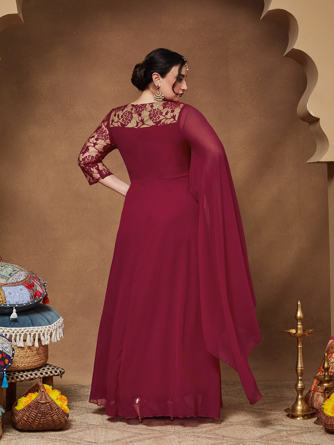 Dark Pink V-Neck Asymmetric Self-Designed Georgette Maxi Dress for Women