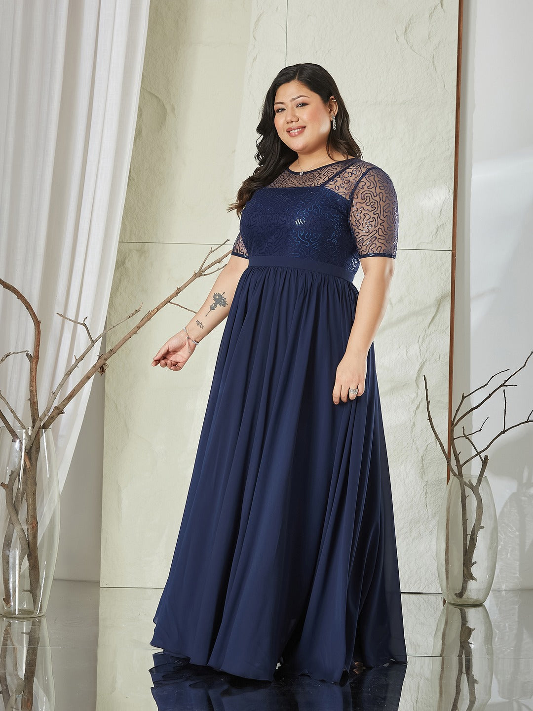 Navy Blue Relaxed Fit Maxi Georgette & Sequins Dress for Women