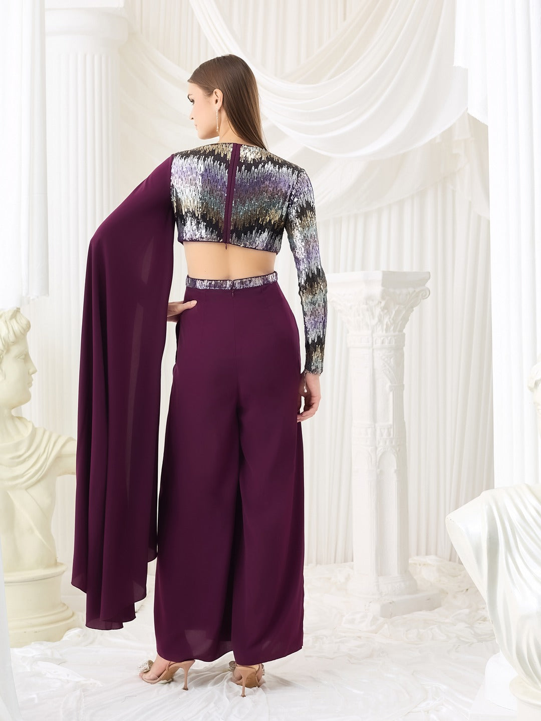 Luxe Georgette Jumpsuit in Dark Purple with Asymmetric Draping for Women
