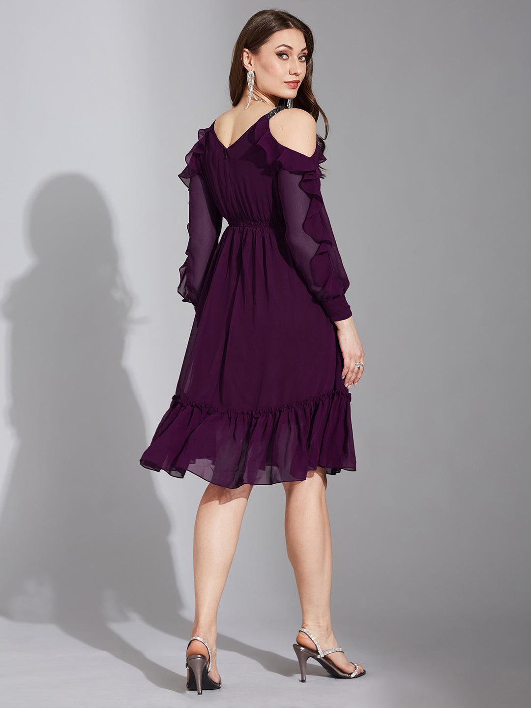 Women's Dark Purple Solid Round Neck Full Sleeves Polyester Ruffled Knee Length Dress