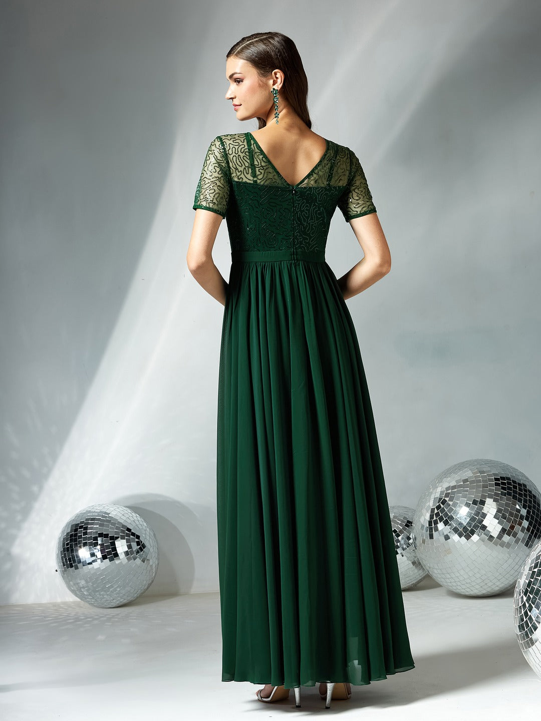 Dark Green Relaxed Fit Maxi Georgette & Sequins Dress for Women