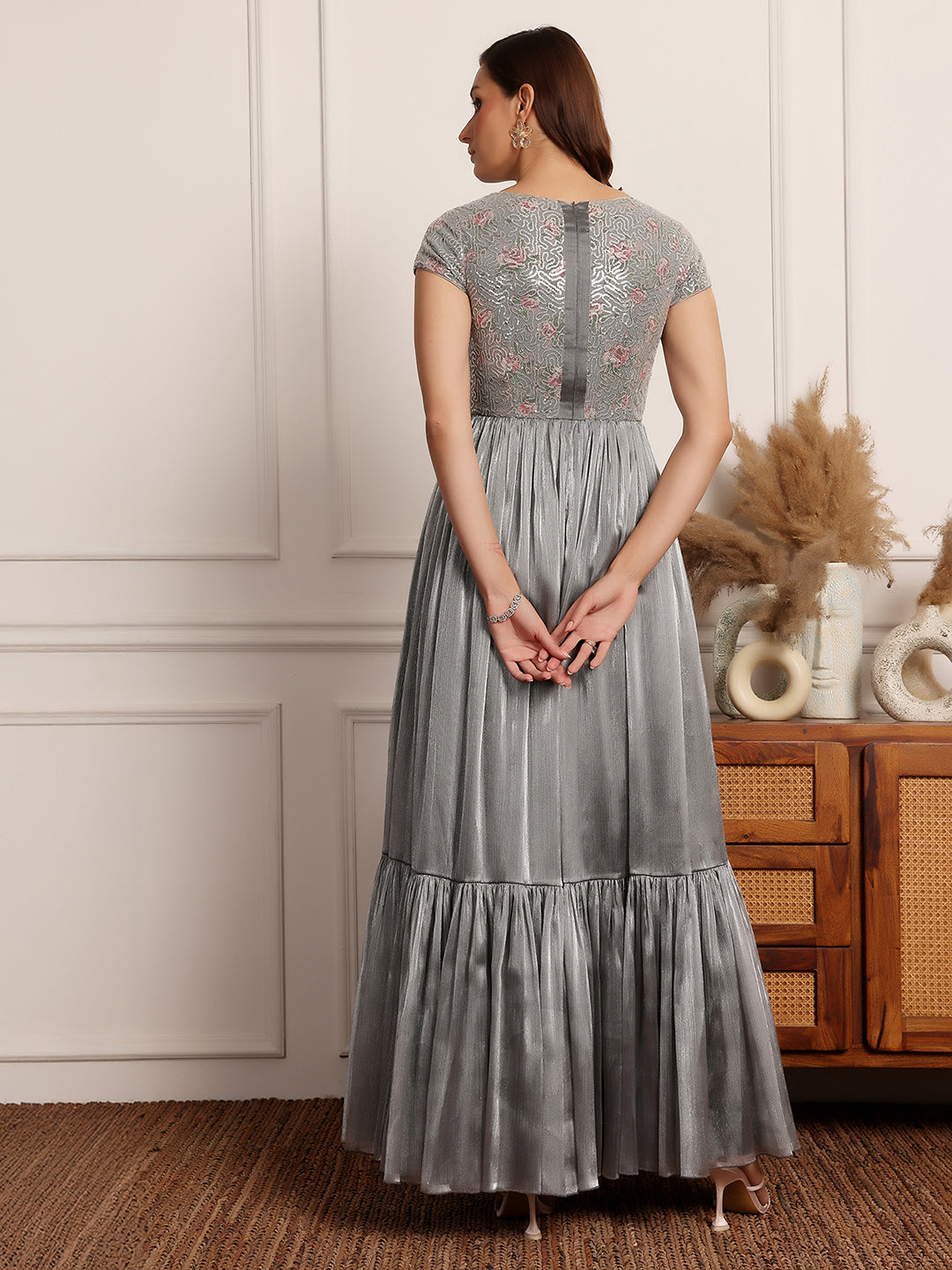 Silver Sequinned Layered Maxi Dress Gown Frock for Women |  Ladies' Life of the Party Collection