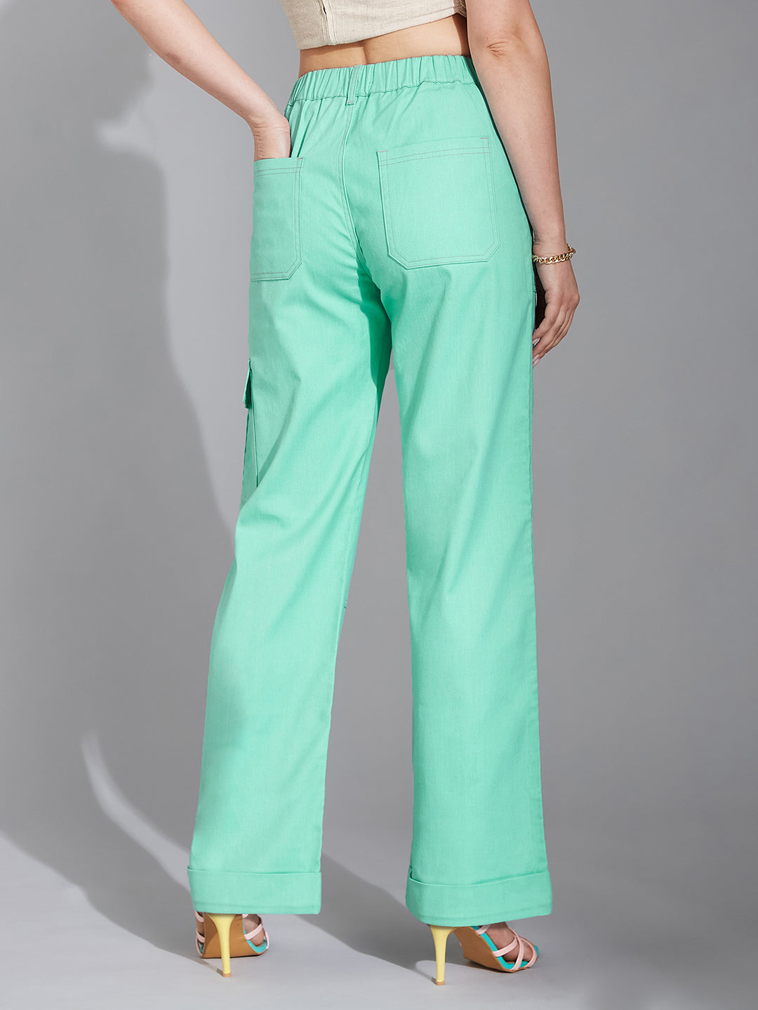 Women's Turquoise Wide-Leg High Rise Clean Look Regular-Length Stretchable Denim Pants