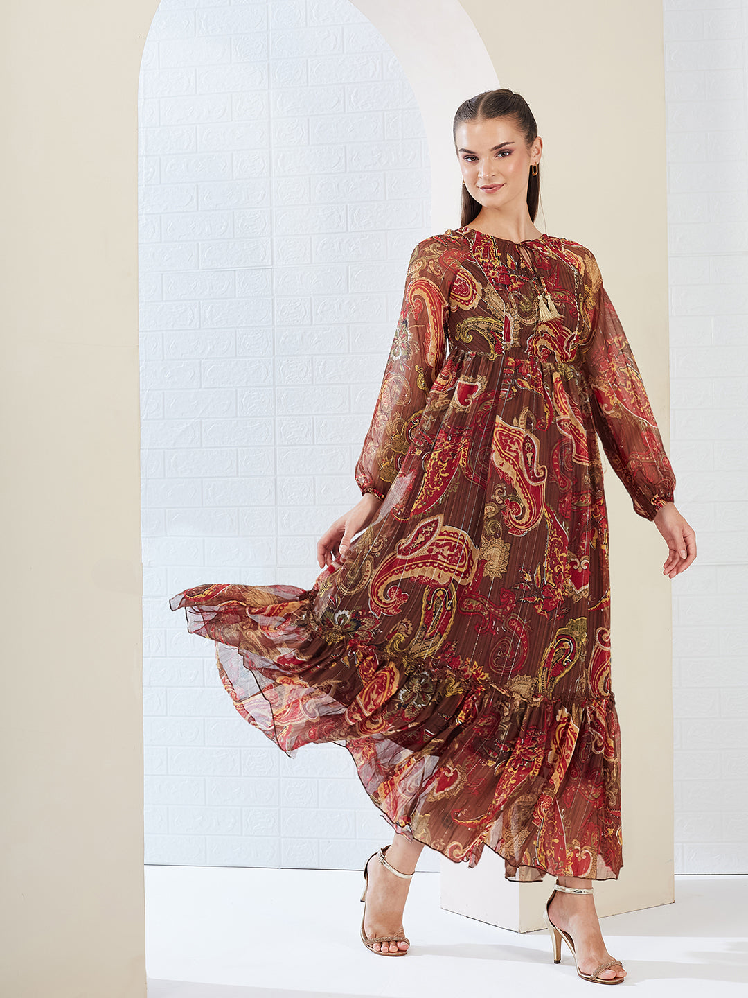 Brown Relaxed Fit Maxi Lurex Chiffon Dress for Women