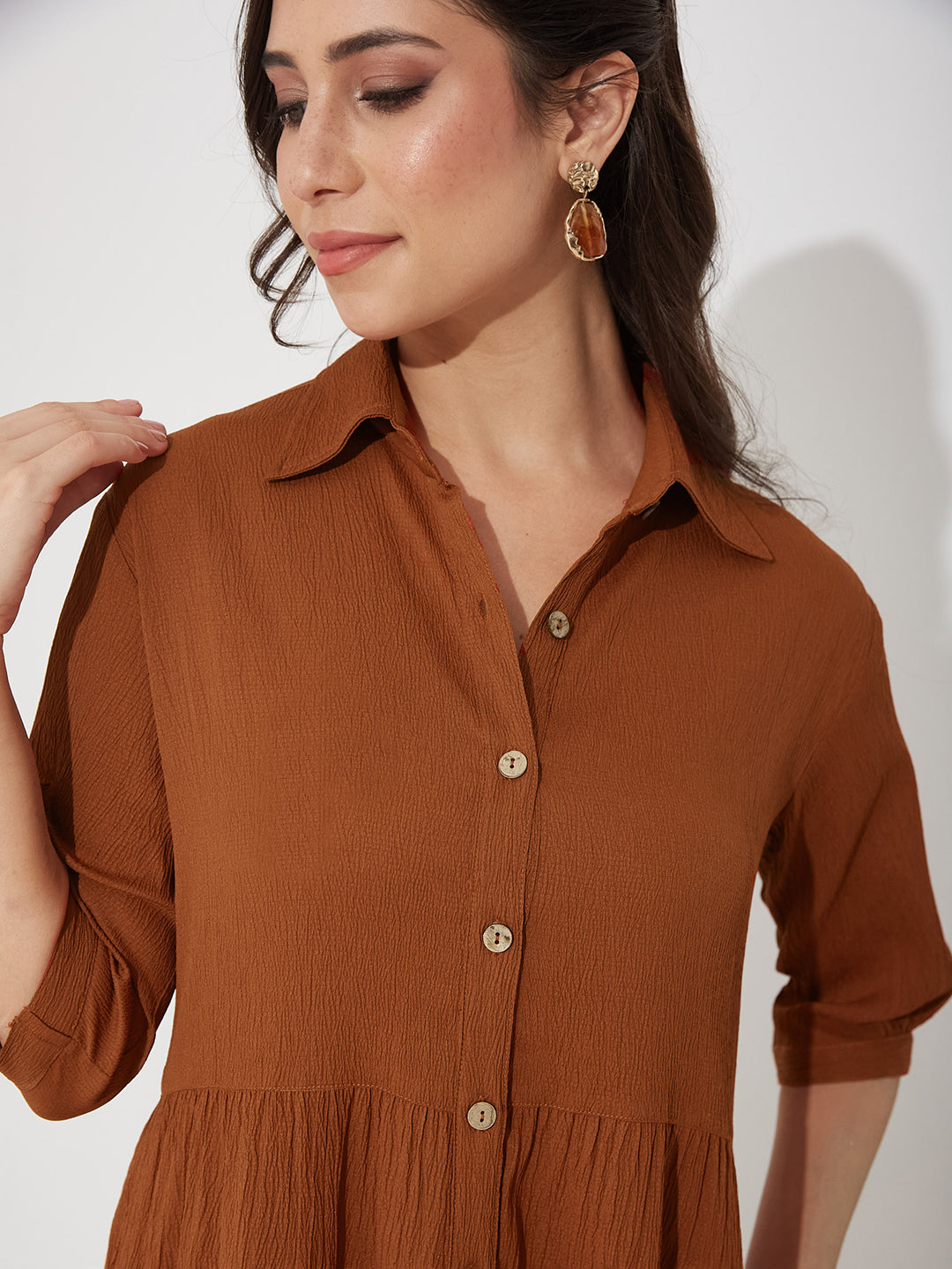 Rust Solid Polyester Shirt Maxi Dress with Bishop Sleeves and Tiered Hem for Women — Miss Chase