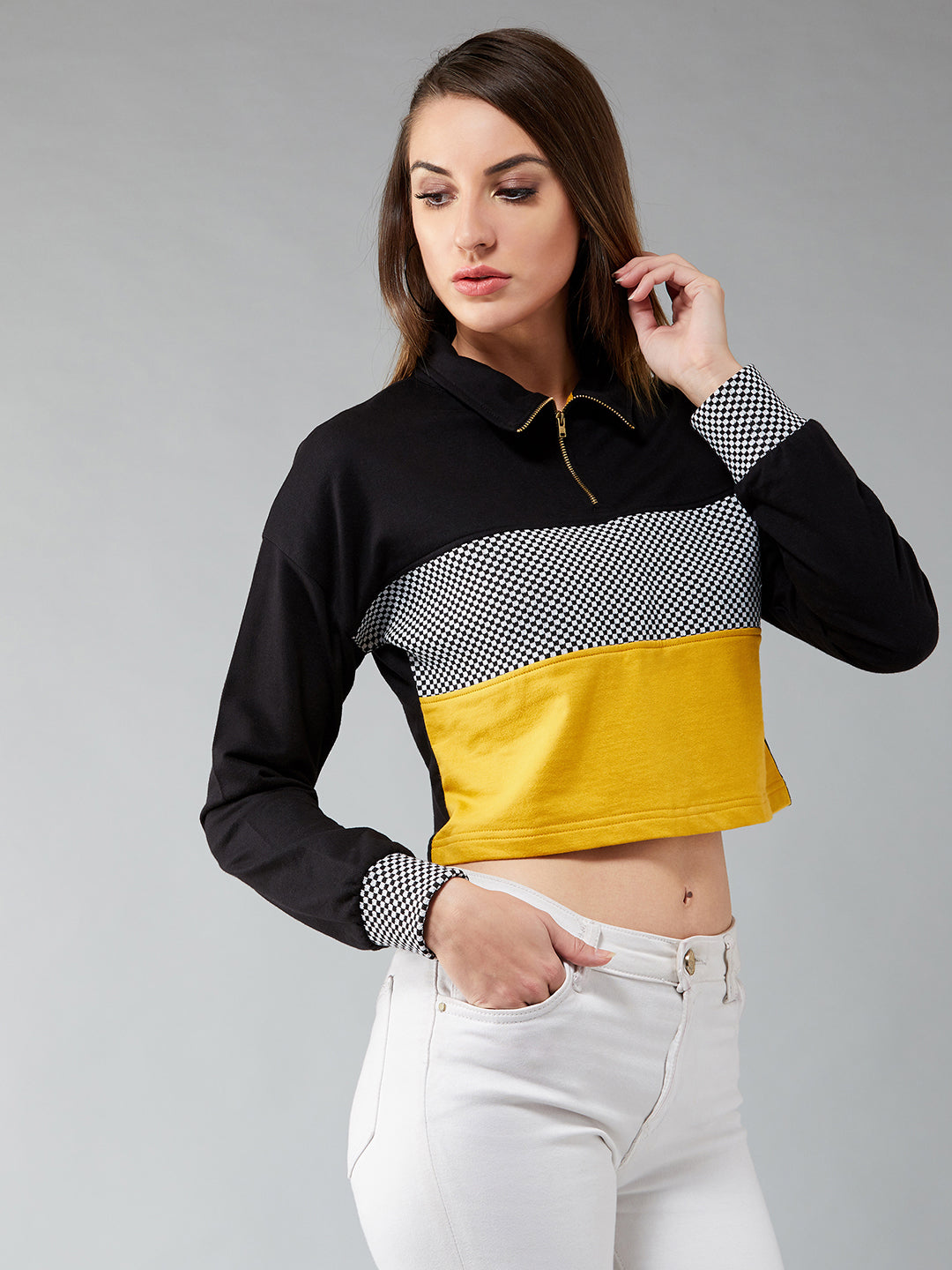 Women's Multicolor-Base Black Round Neck Full Sleeves Ribbed Checkered Boxy Crop Color-blocked Sweatshirt