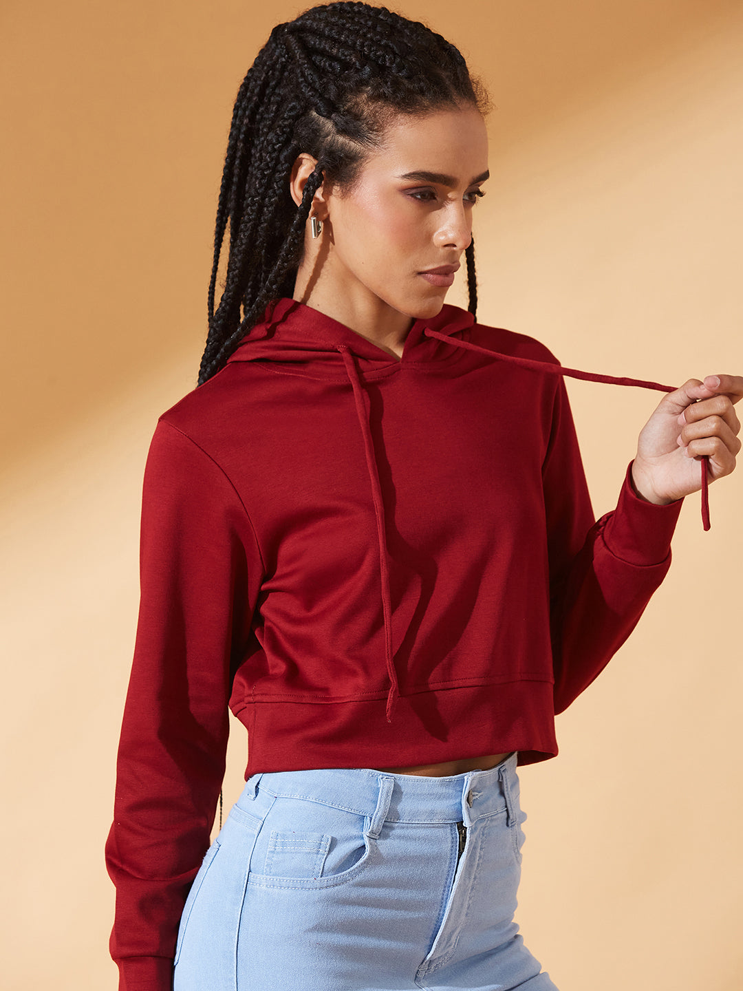 Maroon Solid Round Neck Full Sleeve Hooded Boxy Crop Sweatshirt for Women