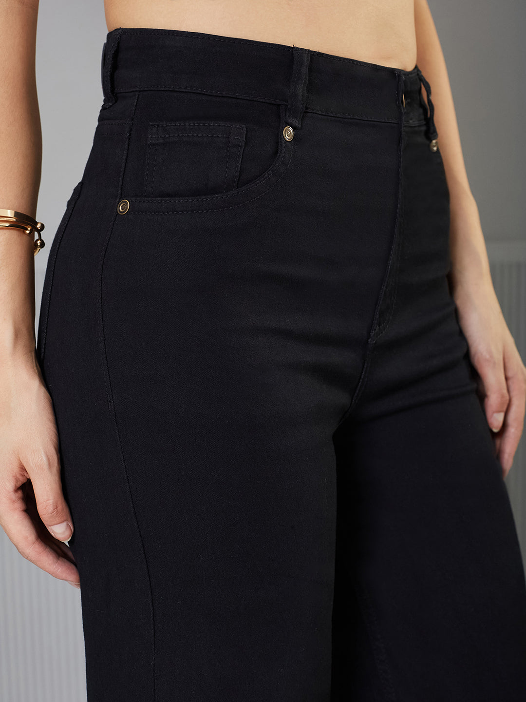 24/7 Comfort Black High-Rise clean-look Stretchable Wide-Leg Denim Jeans for Women