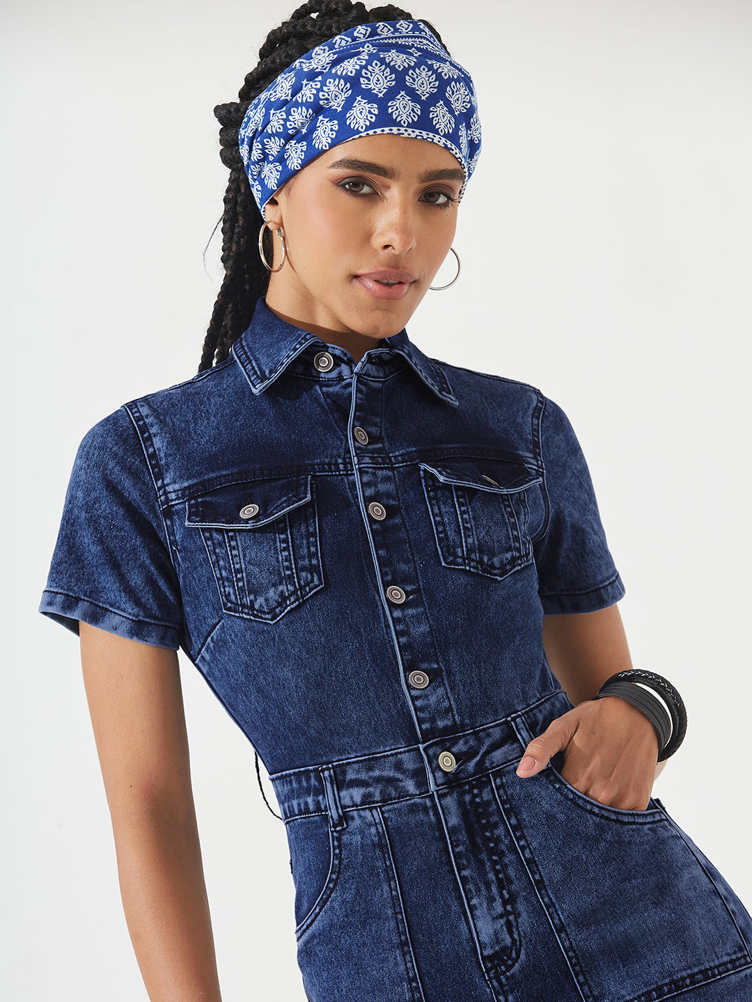 Black Flared High-Rise Stretchable Denim Jumpsuit for Women