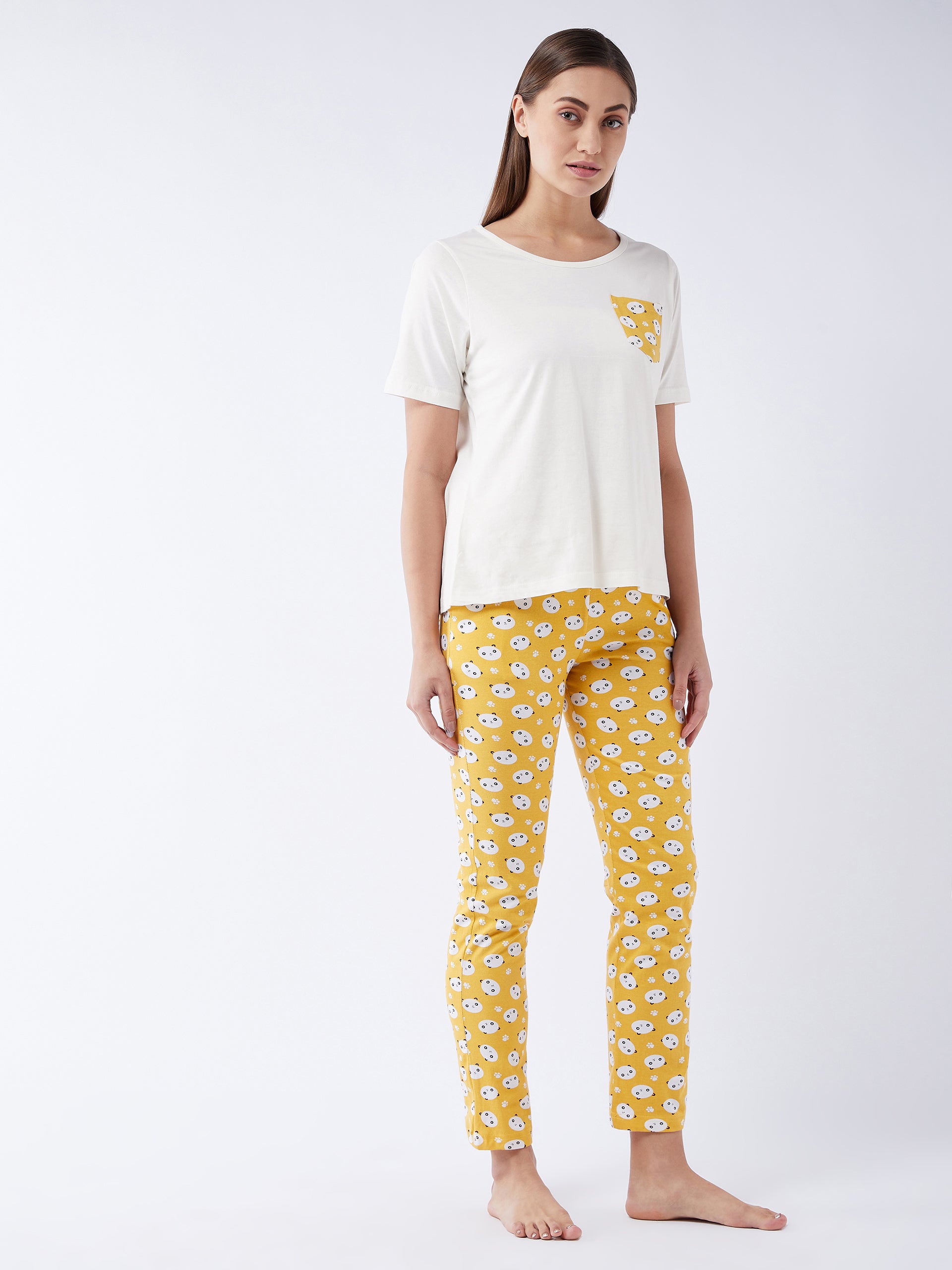 Women's White and Mustard Round Neck Short Sleeves Printed Regular length Top and Pyjama Set